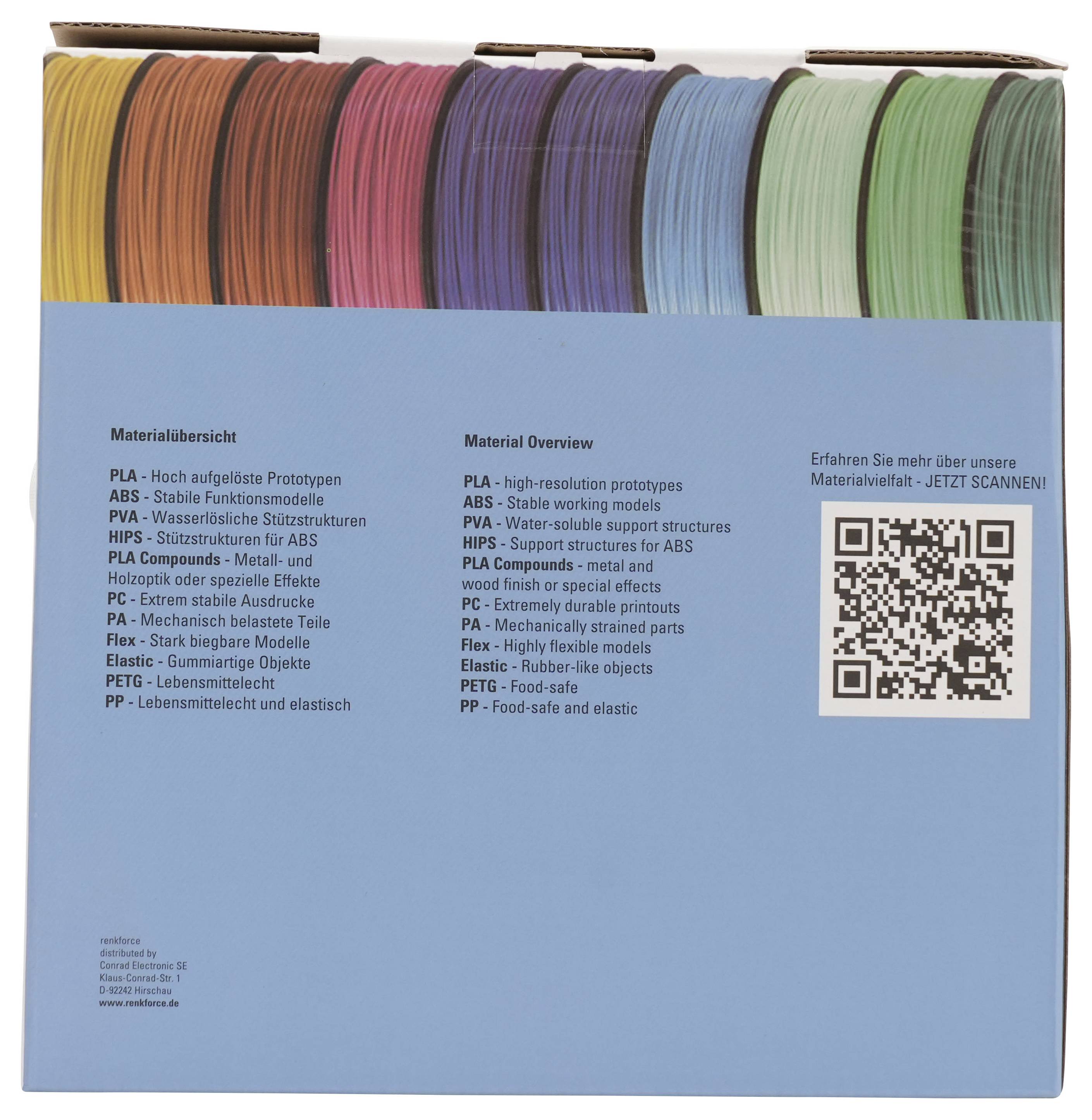 Blaue Broschürenvorderseite mit Reihen von farbigen 3D-gedruckten Musterstreifen und einer Liste „Materialübersicht" sowie QR-Code für weitere Informationen.