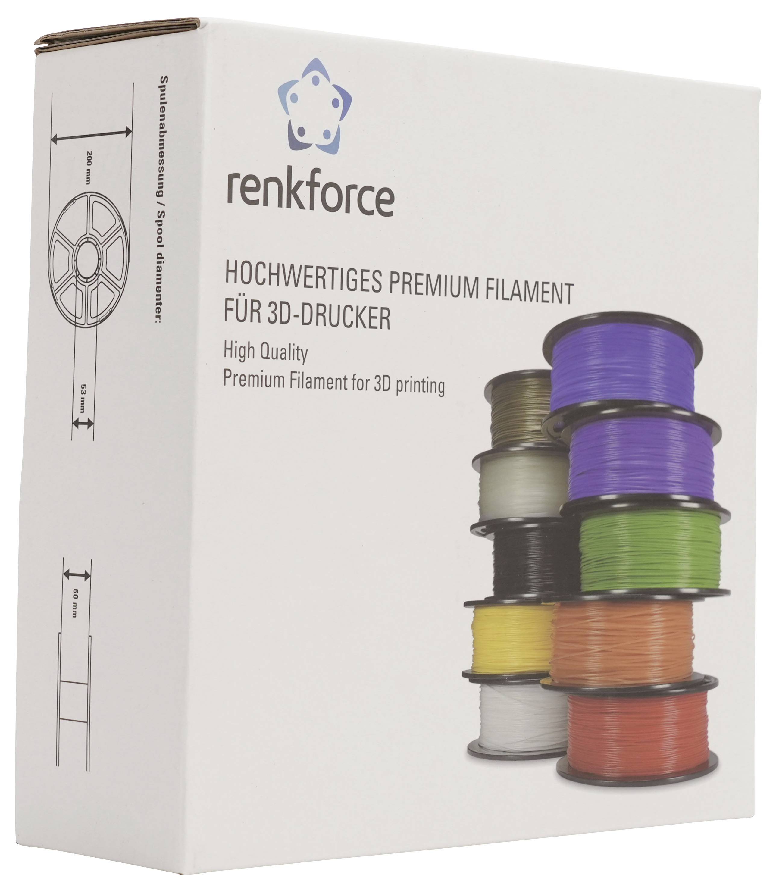 Karton mit hochwertigem Premium-Filament von Renkforce für 3D-Drucker, gezeigt mit gestapelten bunten Filament-Spulen und Verpackungstext.