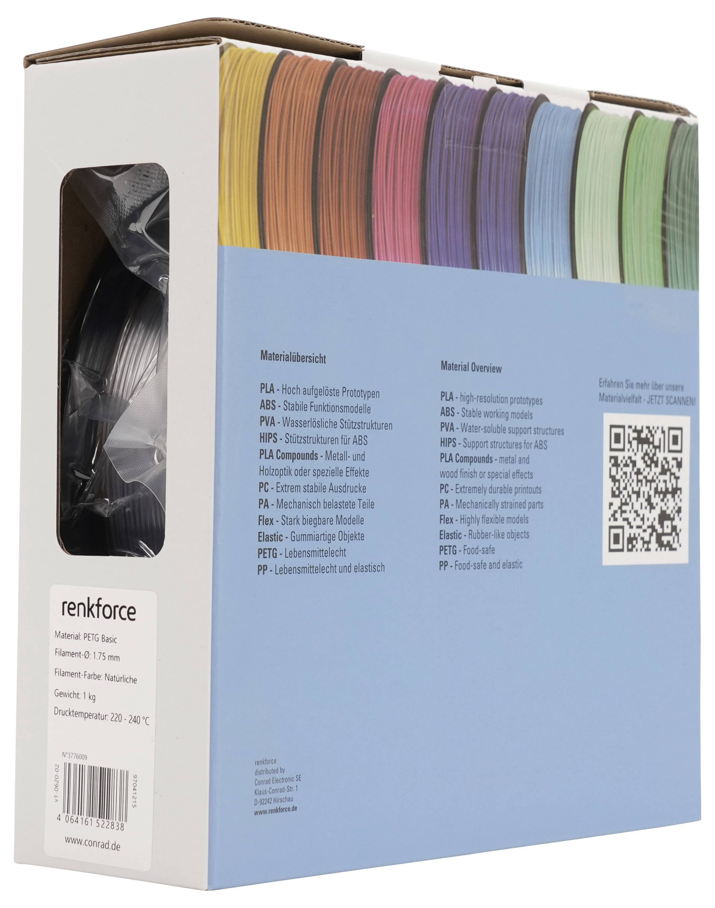 Karton mit Renforce 3D-Drucker-Filamentspulen in verschiedenen Farben, mit Materialübersichtstext und QR-Code auf der Vorderseite.