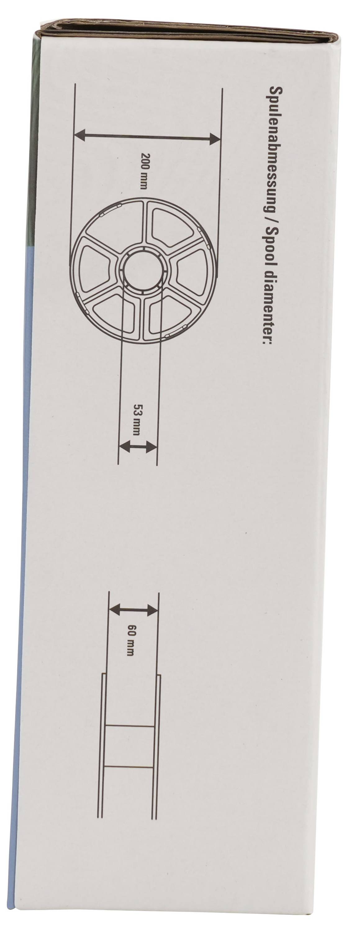 Kiste mit einer technischen Strichzeichnung einer Spule/Rolle, beschriftet mit „Spulendurchmesser" und „Überhitzung...", die Abmessungen von 200 mm Breite und 50 mm Tiefe zeigt.