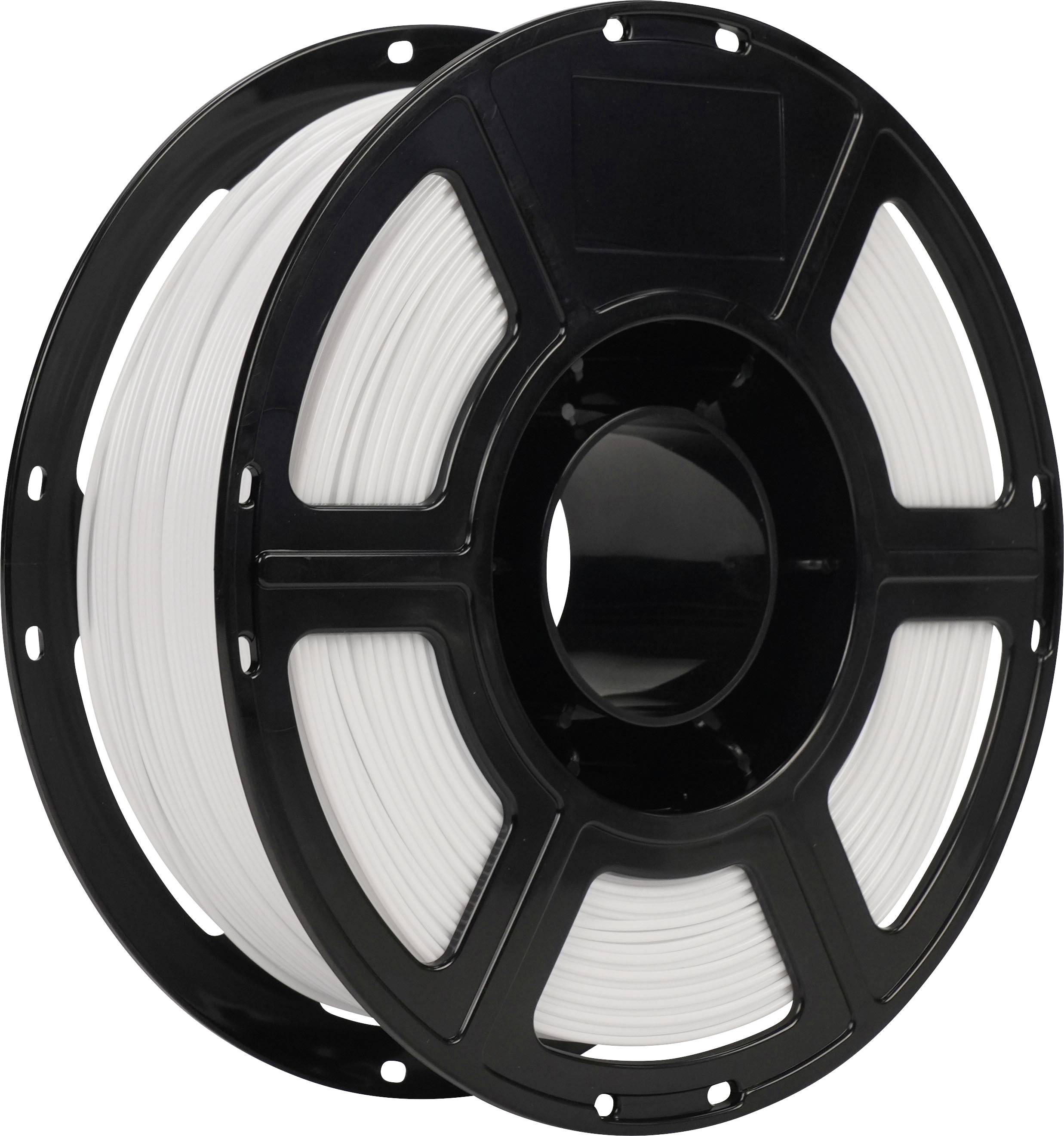 Schwarze Spule mit weißem 3D-Druckfilament auf weißem Hintergrund.