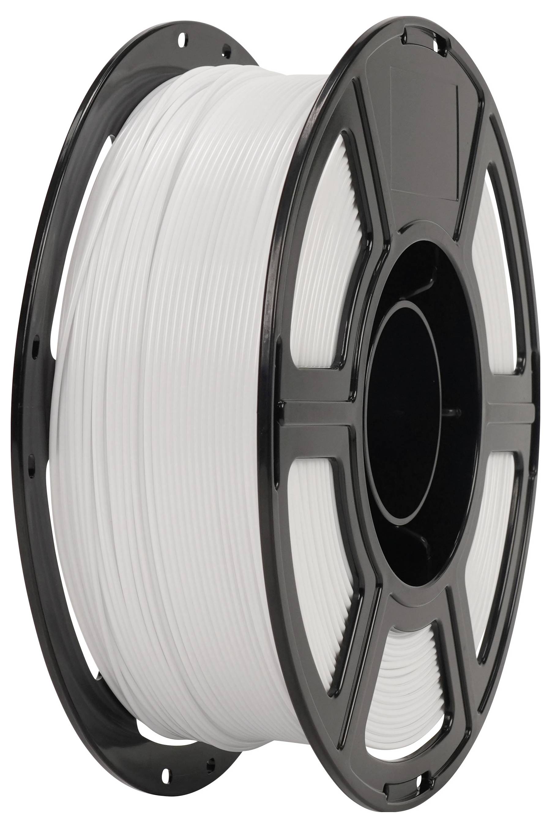 Spule mit weißem 3D-Drucker-Filament auf einer schwarzen Spule, isoliert auf weißem Hintergrund.