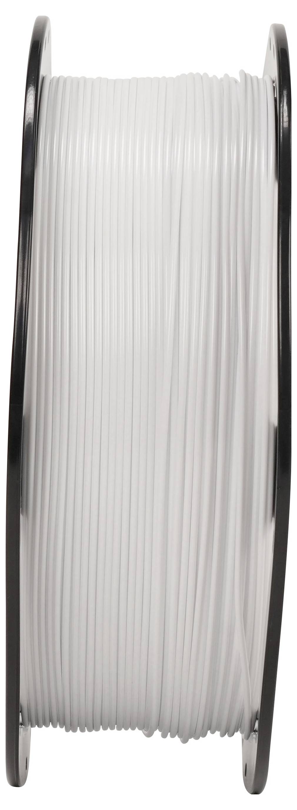 Eine Spule mit weißem Kabel oder Filament auf einer Rolle mit schwarzen seitlichen Flanschen, vertikal vor einem neutralen Hintergrund gezeigt.