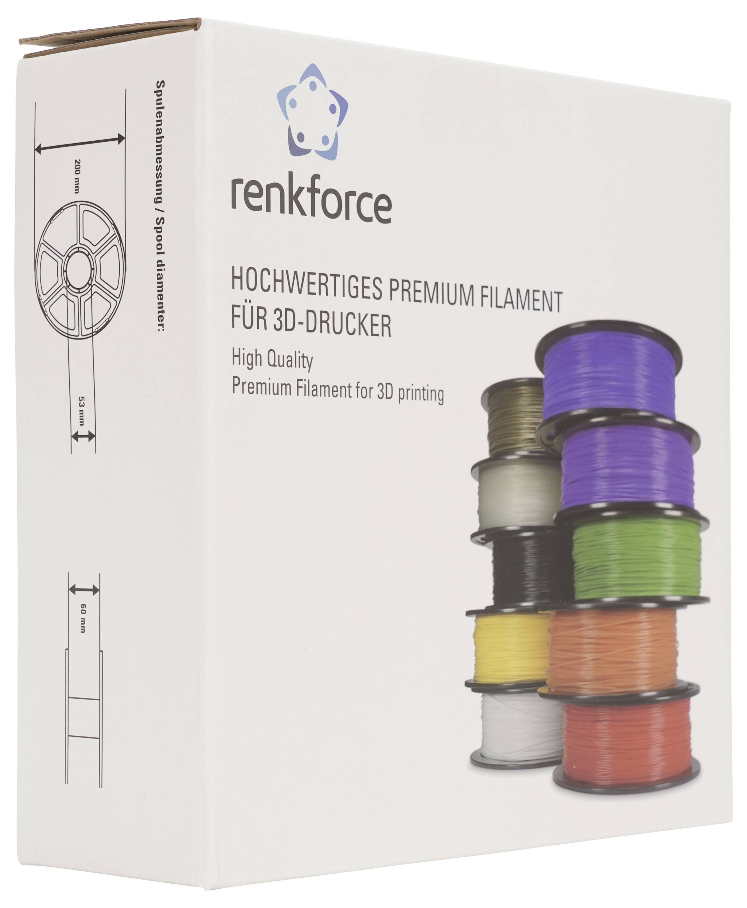 Schachtel mit „Renkforce" Premium-3D-Drucker-Filament, mit gestapelten Spulen abgebildet und deutschem Text: „HOCHWERTIGES PREMIUM FILAMENT FÜR 3D-DRUCKER".