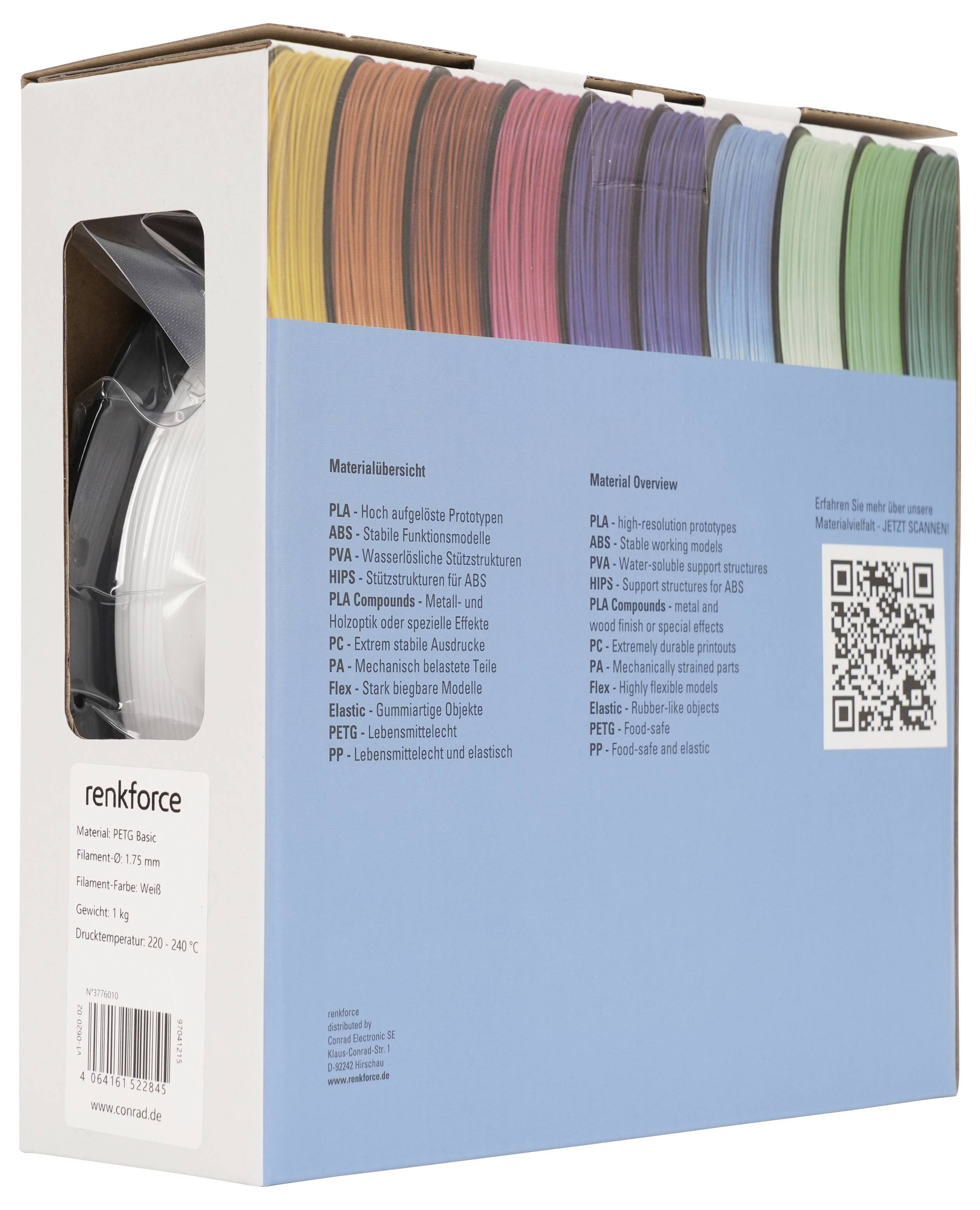 Schachteln mit renkforce 3D-Druckfilament-Musterproben mit mehrfarbigen Filamentstreifen auf der Vorderseite und einem QR-Code auf der rechten Seite.