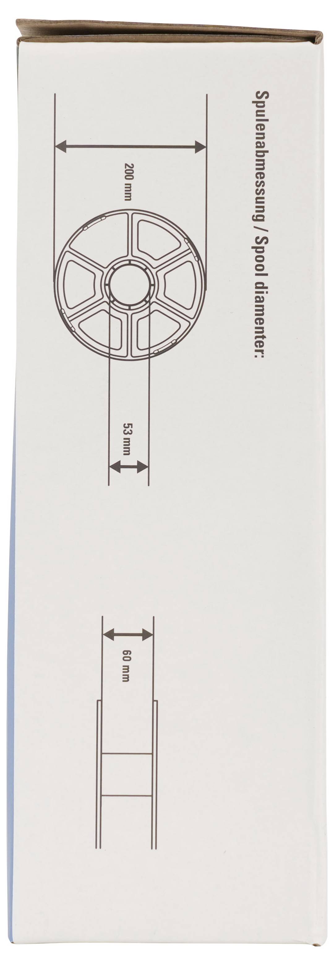 Verpackungsdiagramm mit einer Spulhalter-Größentabelle, mit Front- und Seitenansichten mit den Bezeichnungen „Spreizbefestigung / Spulendurchmesser" und den Maßen 200 mm, 53 mm und 60 mm.