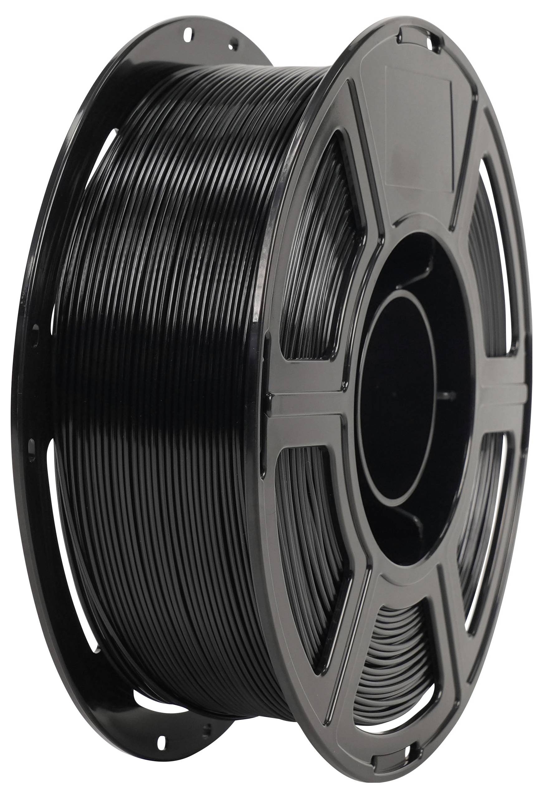 Schwarze 3D-Drucker-Filamentspule mit aufgewickeltem Filament auf einer Kunststoffspule vor weißem Hintergrund.