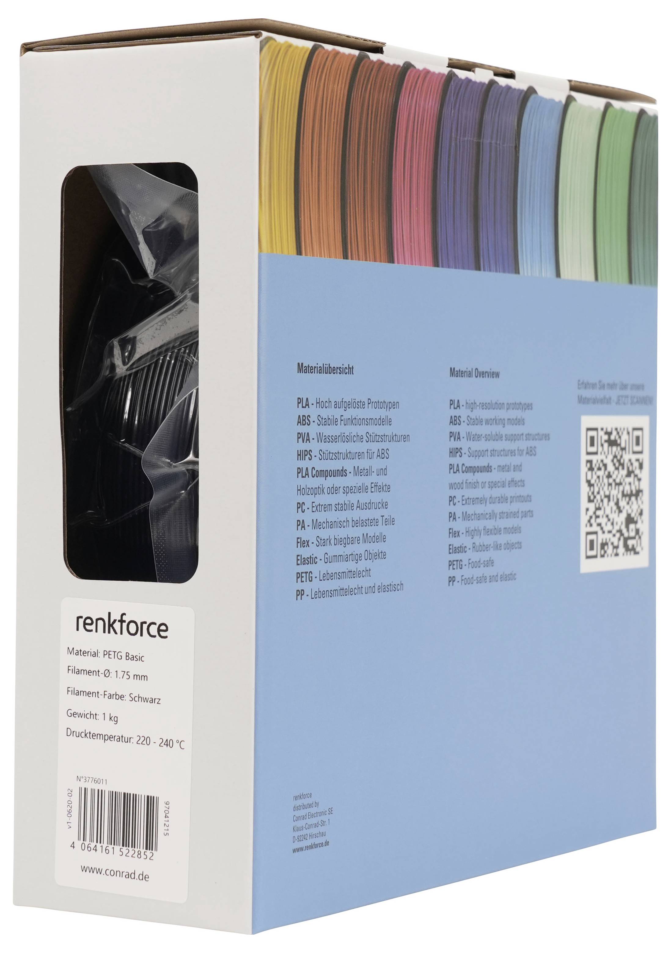 Schachttel mit Renkforce-3D-Druckerfilamenten mit sichtbaren mehrfarbigen Spulen oben und einem Produktetikett auf der Vorderseite