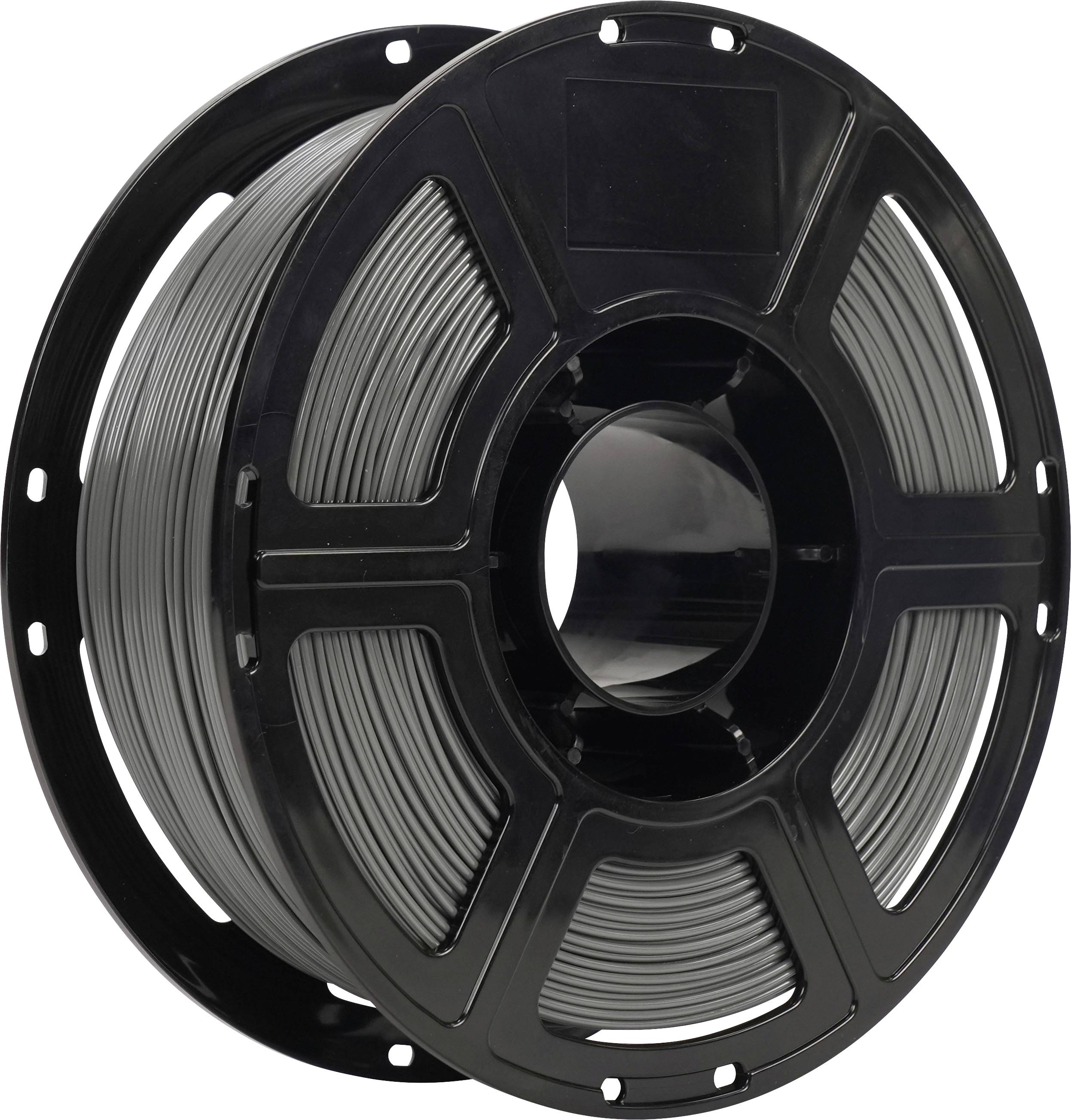 Schwarze Spule aus aufgewickeltem 3D-Druckerfaden auf einer Rolle, dargestellt vor weißem Hintergrund.