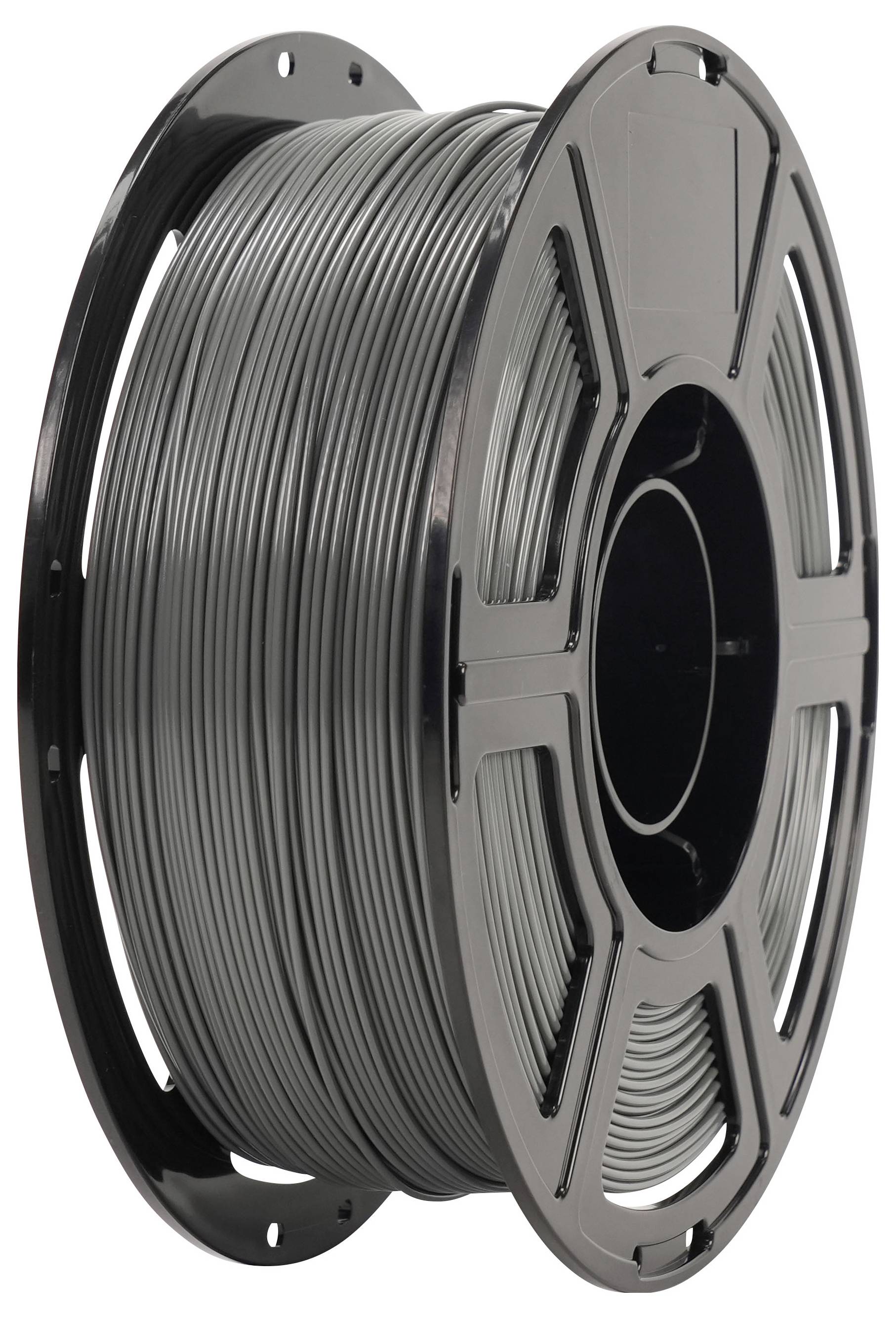 Spule mit grauem 3D-Druckfilament auf einer schwarzen Rolle, vor weißem Hintergrund gezeigt.