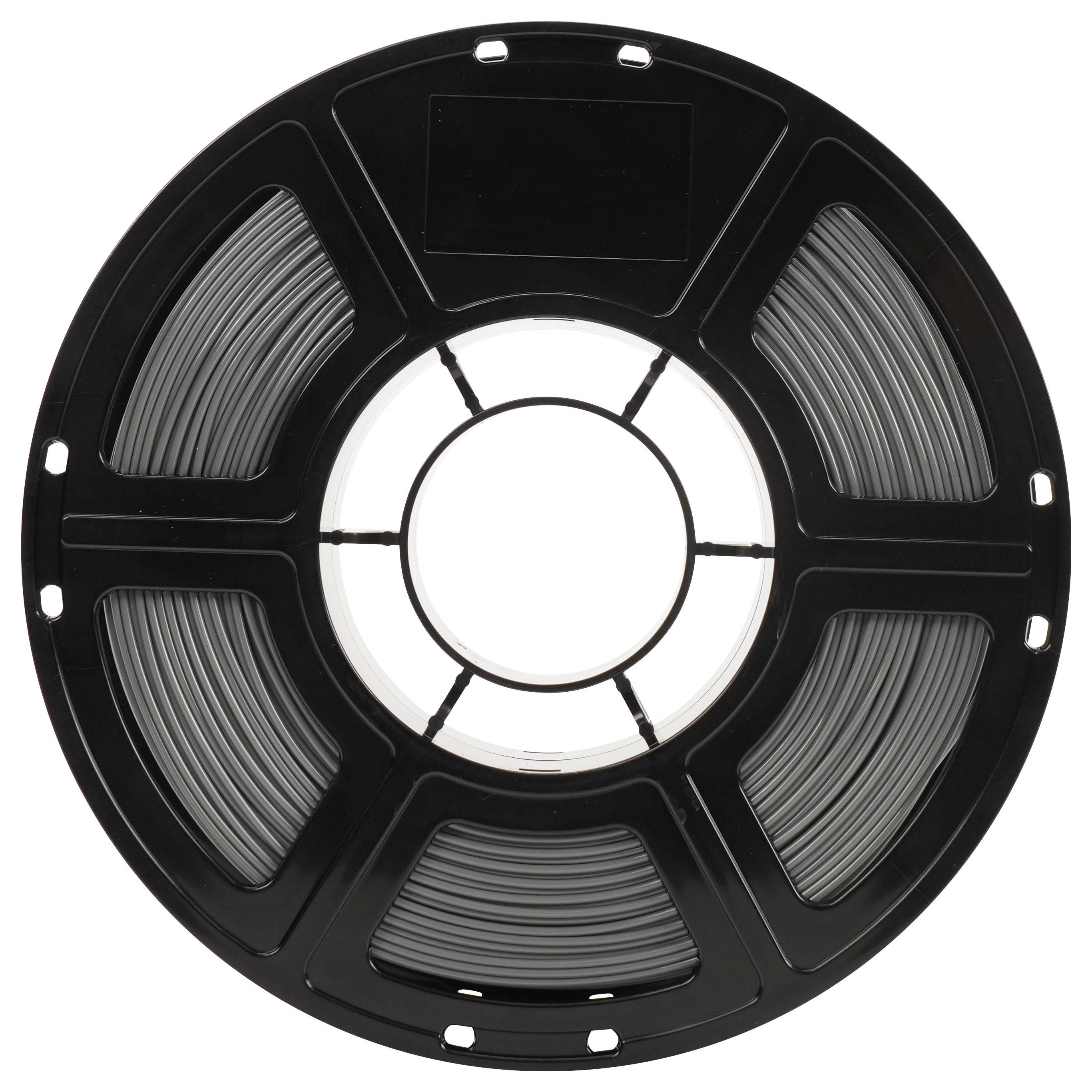Schwarze Spule aus aufgewickeltem Filament mit einem zentralen Loch, von vorne gegen einen weißen Hintergrund abgebildet.