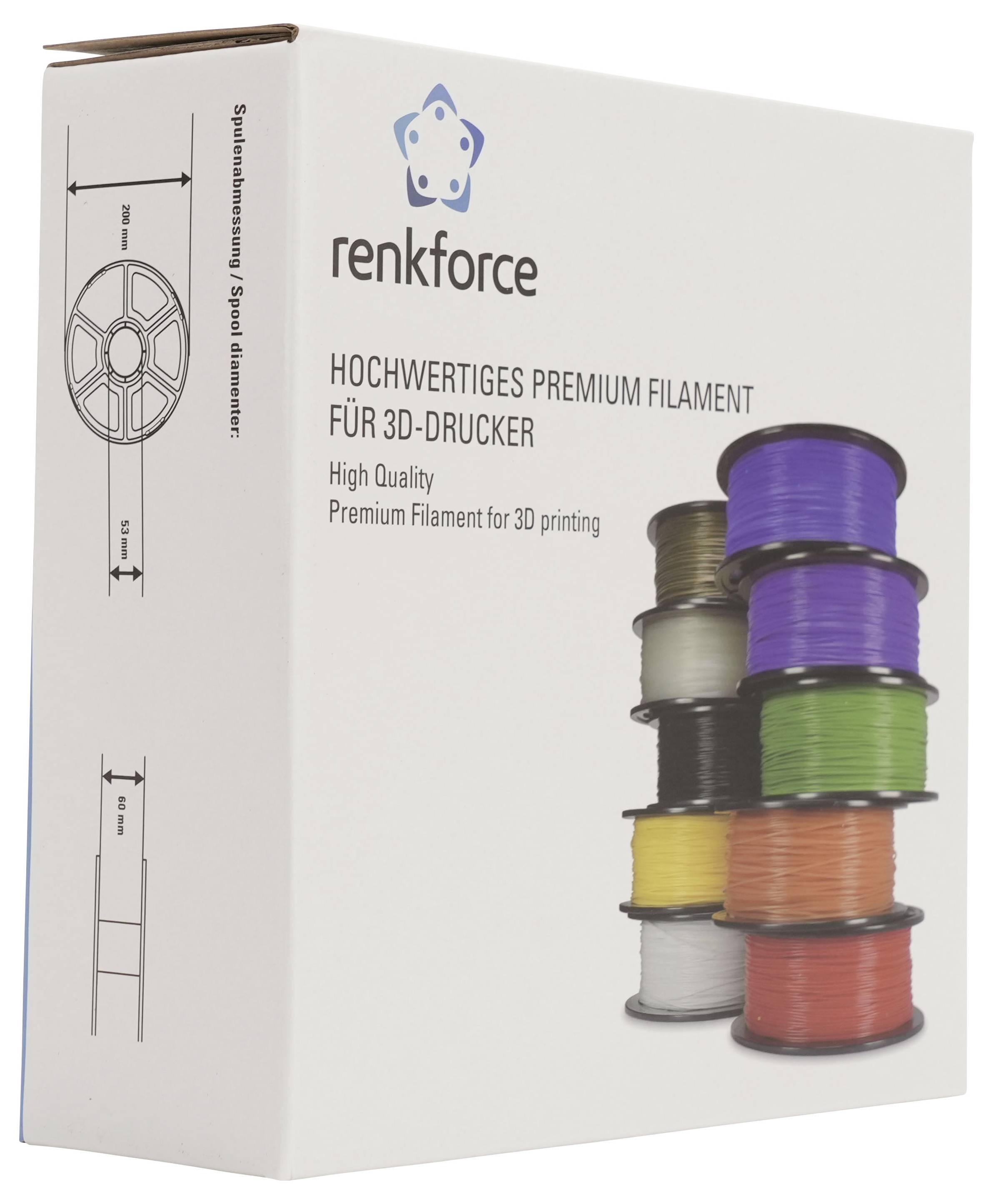 Renkforce Premium Filament Verpackung für 3D-Drucker, zeigt gestapelte Spulen in mehreren Farben und Produktabmessungen auf der Schachtel.