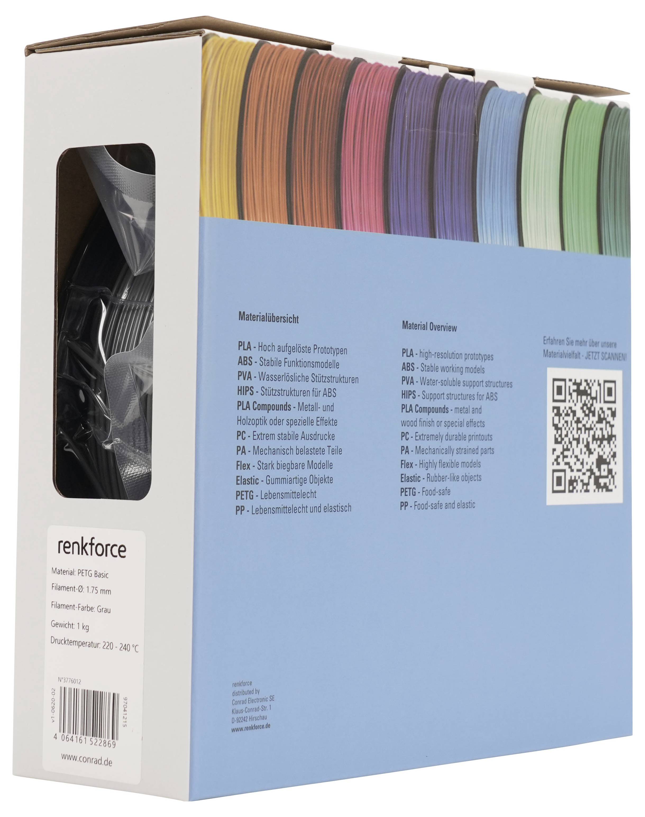 Karton mit renkforce 1 kg PLA 3D-Druckfilament mit blauer Verpackung, Farbmusterstreifen über dem oberen Rand, Materialübersichtstext und QR-Code.