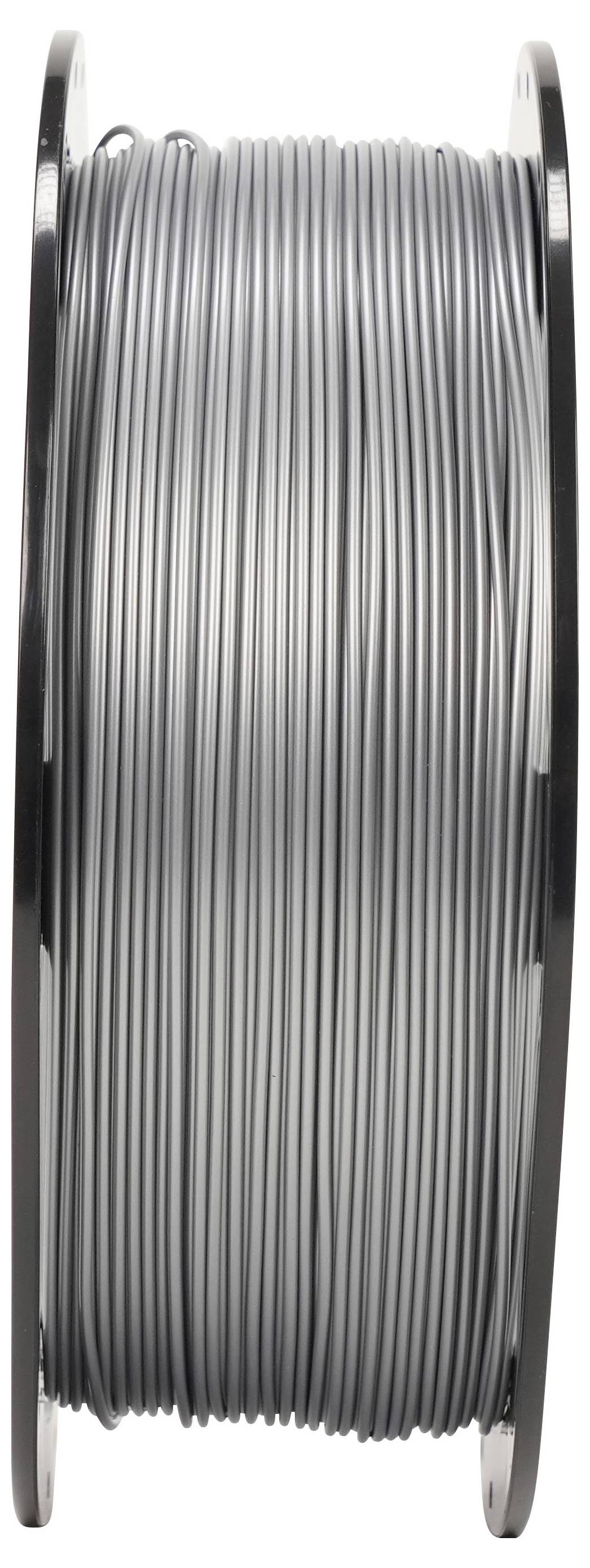 Eine Spule mit dünnem grauem Draht, der fest auf einer Metallrolle aufgewickelt ist, in Seitenansicht vor weißem Hintergrund.