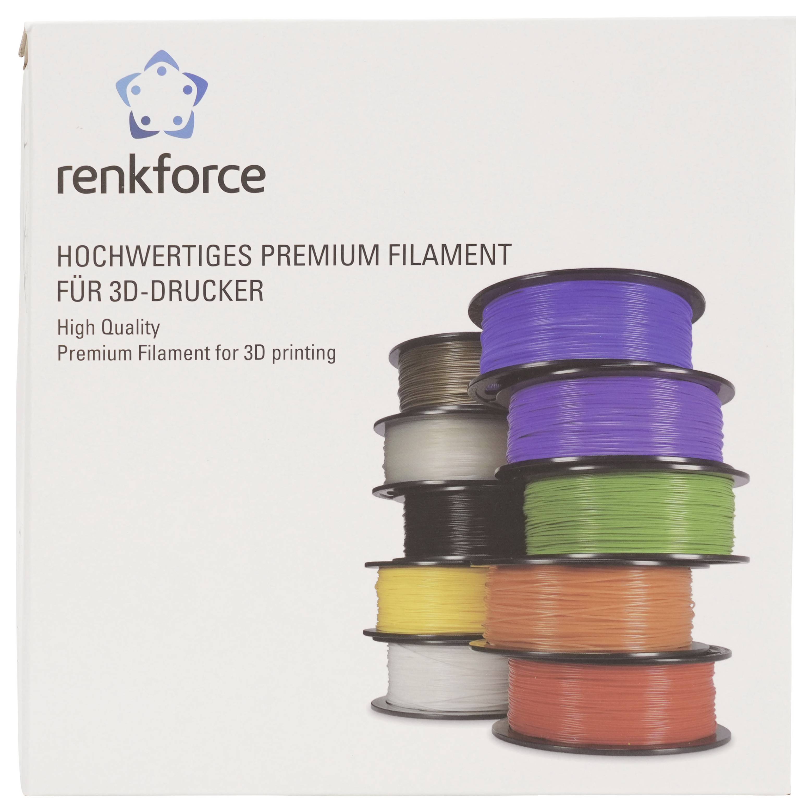 Renkforce Premium-Filament für 3D-Drucker, dargestellt als gestapelte Spulen in mehreren Farben auf der Produktverpackung.