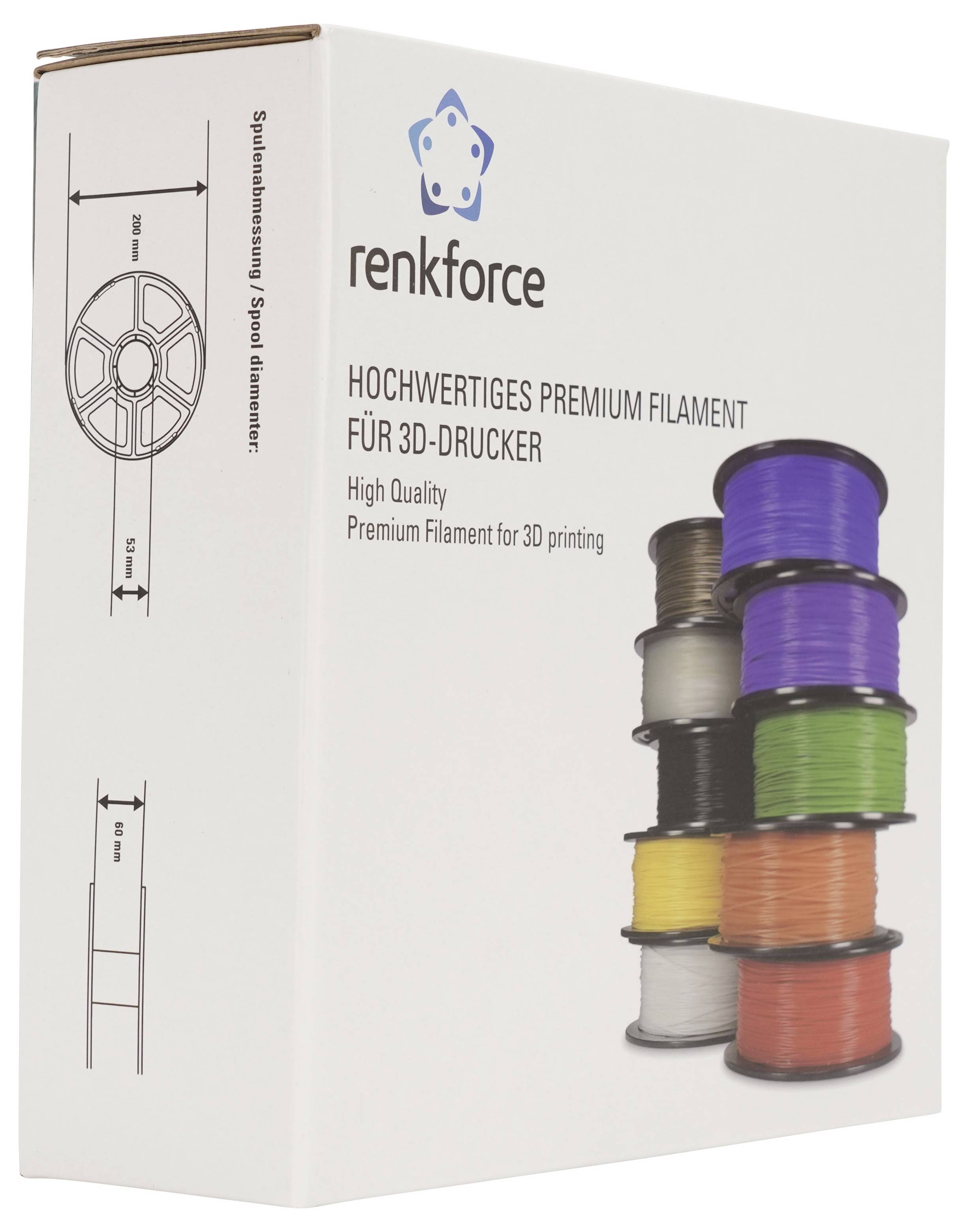 Schachtel mit Renkforce Premium-Filament für 3D-Drucker, gekennzeichnet mit „HOCHWERTIGES PREMIUM FILAMENT FÜR 3D-DRUCKER" mit gestapelten farbigen Spulenbildern.