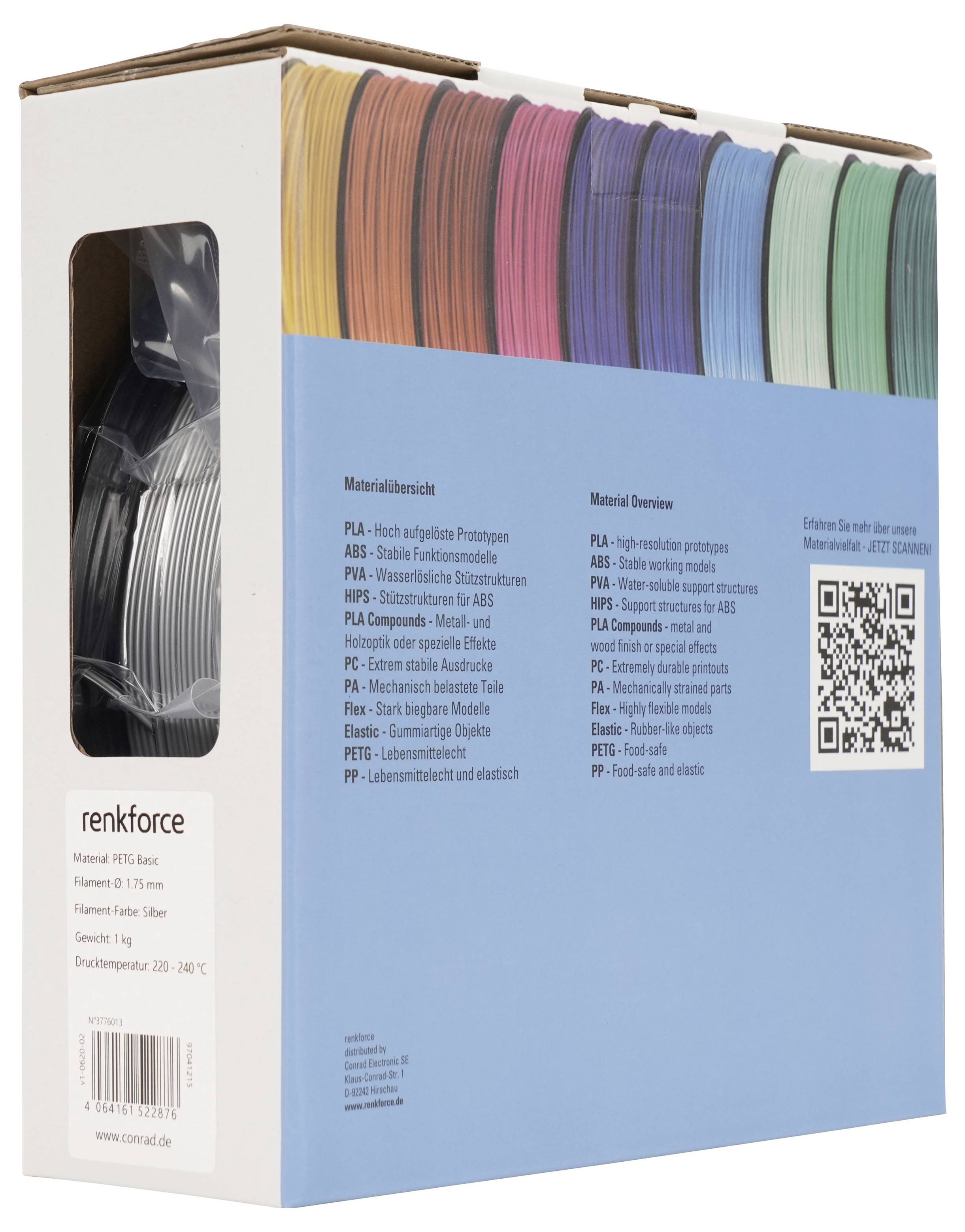 Karton mit Renkforce 3D-Drucker-Filament-Spulen, gezeigt in mehreren Farben, mit Materialübersicht-Text und QR-Code auf der Verpackung.