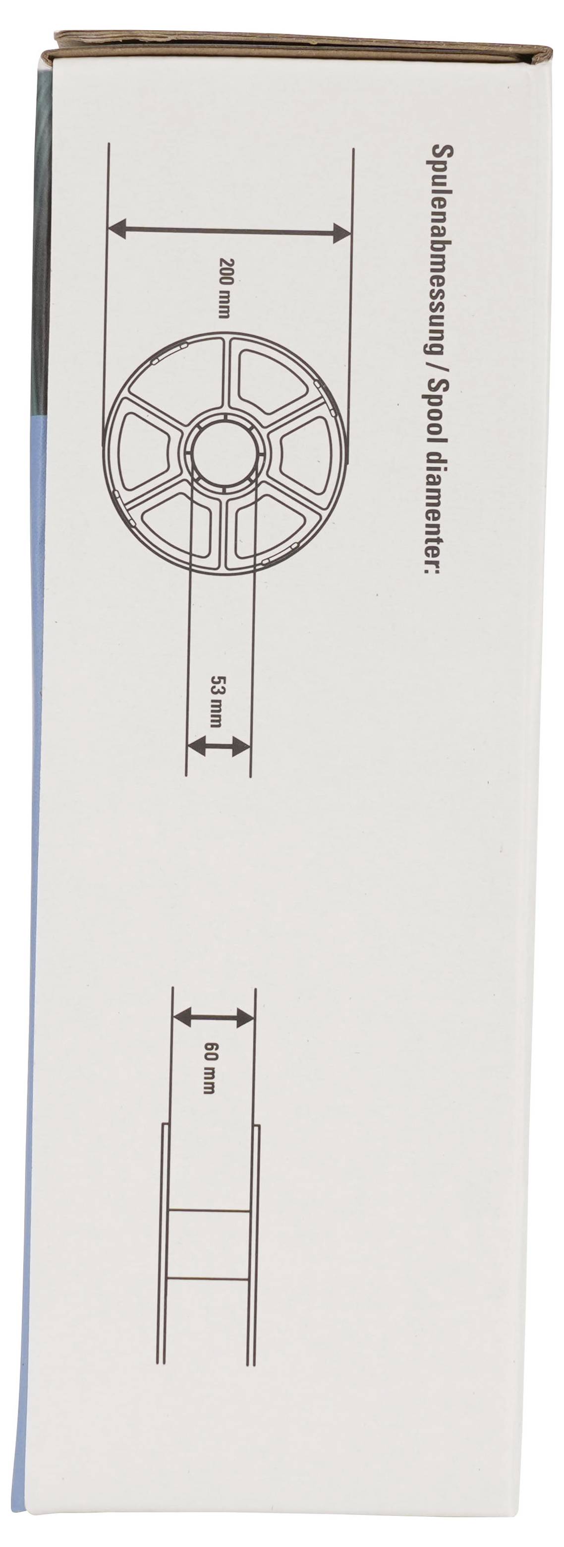 Diagramm eines Rades und Seitenprofil mit Größenmessungen: Speichen-/Raddurchmesser etwa 288 mm und Breite etwa 58 mm, mit der Bezeichnung 'Spurbreite/Speichendurchmesser'.