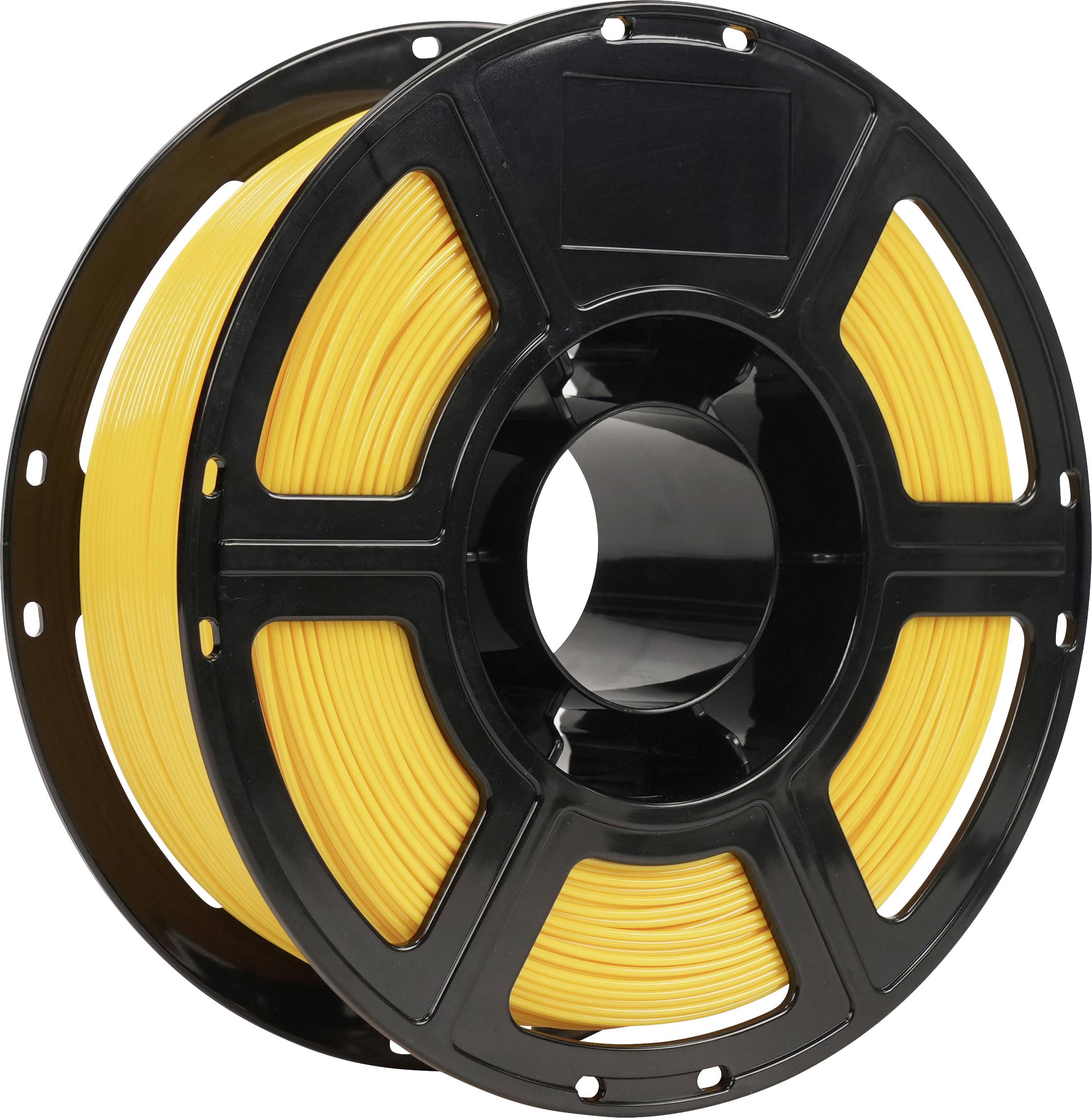 Schwarze Spule mit gelbem 3D-Drucker-Filament auf weißem Hintergrund.