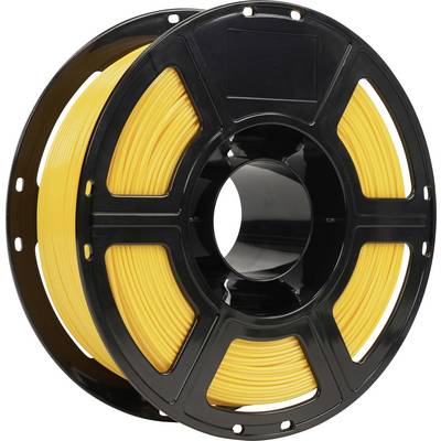 Schwarze Spule mit gelbem 3D-Drucker-Filament auf weißem Hintergrund.