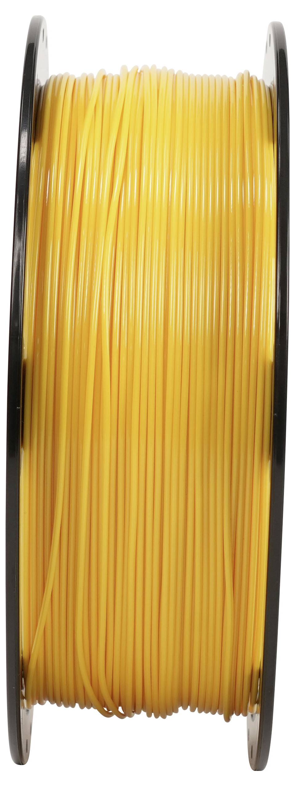 Rolle mit leuchtend orangefarbenem 3D-Druckfilament, auf einer schwarzen Spule aufgewickelt, vertikal vor weißem Hintergrund dargestellt.
