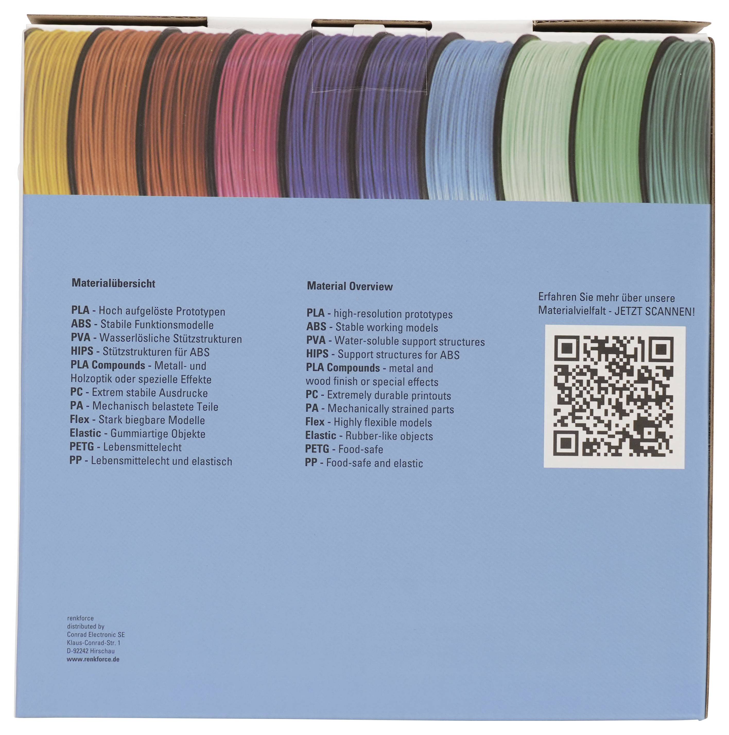 Materialübersicht-Broschüre mit blauen Hintergrund zeigt Reihen von farbenfrohen 3D-Drucker-Filamentspulen und einen QR-Code mit mehrsprachigen Anwendungen für PLA, ABS, PVA, HIPS, TPU, PC, PA, Flex, PETG und PP Materialien.