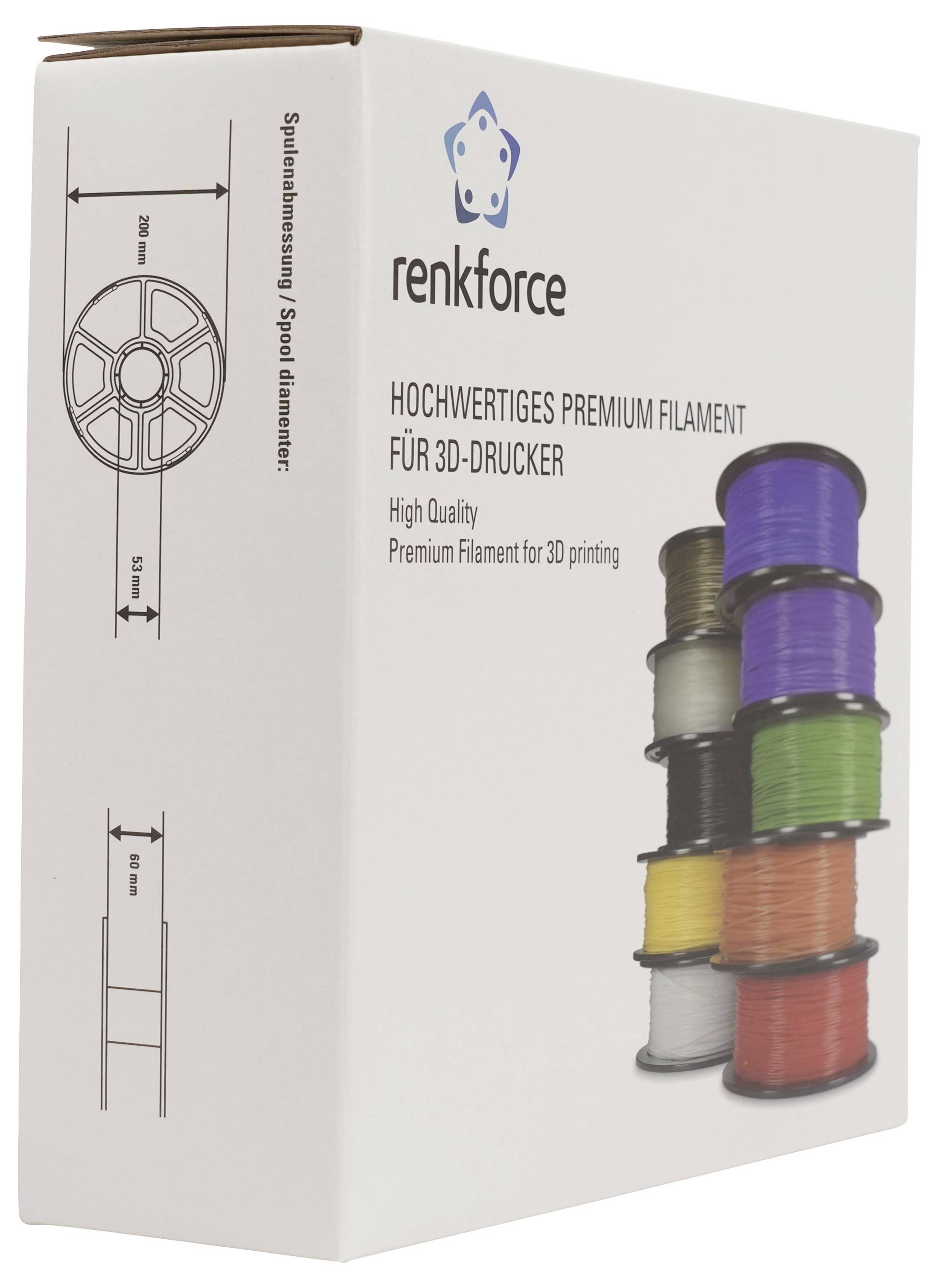 Produktverpackung für "renkforce" Premium-Filament für 3D-Drucker, mit gedruckten Spulenabmessungen und gestapelten farbenfrohen Filamentspulen auf der Vorderseite.
