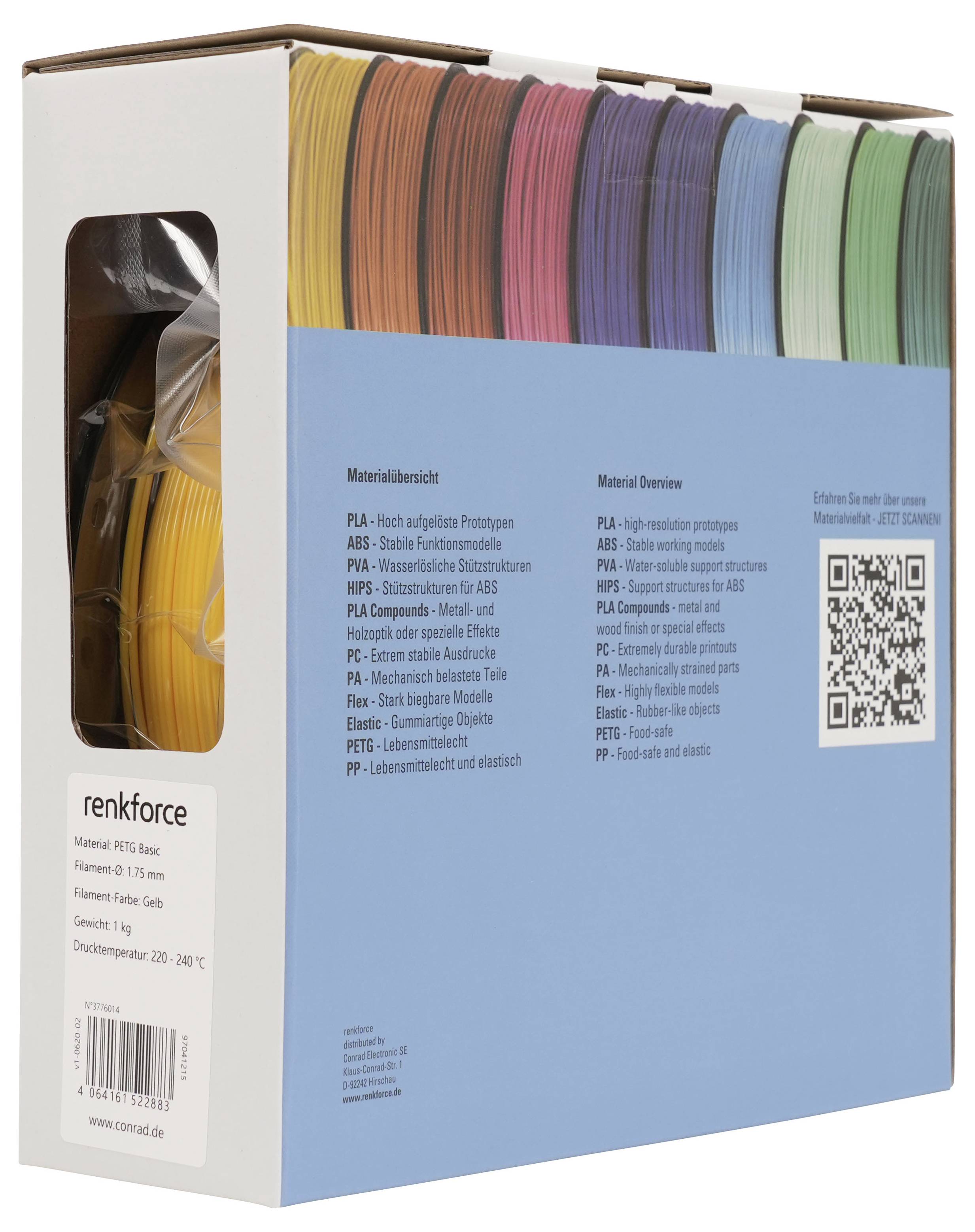 Karton mit bunten 3D-Drucker-Filamentrollen, mit der Beschriftung „renkforce" und „PLA"; die Verpackung zeigt eine Materialübersicht und einen QR-Code.