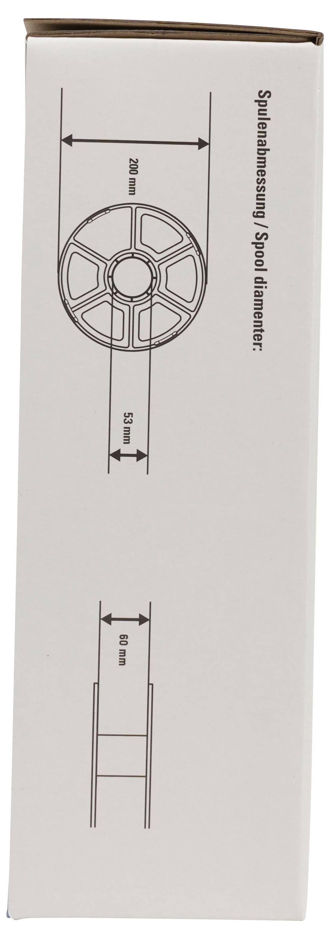 Paketdiagramm mit einer Spulendurchmesser von 280 mm, Breite 55 mm und Kerndurchmesser 60 mm, beschriftet mit „Spulenabmessung / Spulendurchmesser"