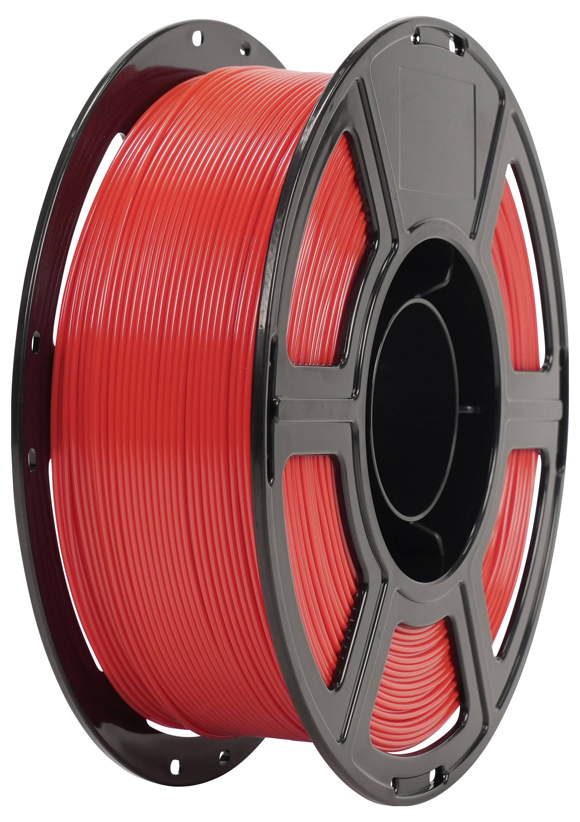 Spule mit leuchtend rotem Filament auf einer schwarzen Spule aufgewickelt, wird zum 3D-Druck verwendet.
