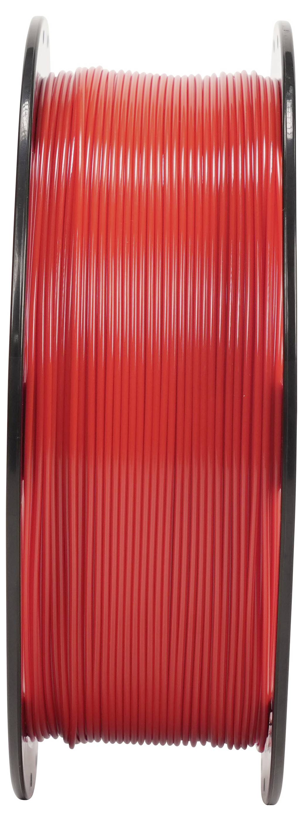Eine Spule aus leuchtend rotem Filament oder Draht, der eng zwischen zwei schwarzen Seitenflanschend auf einer Spule aufgewickelt ist.