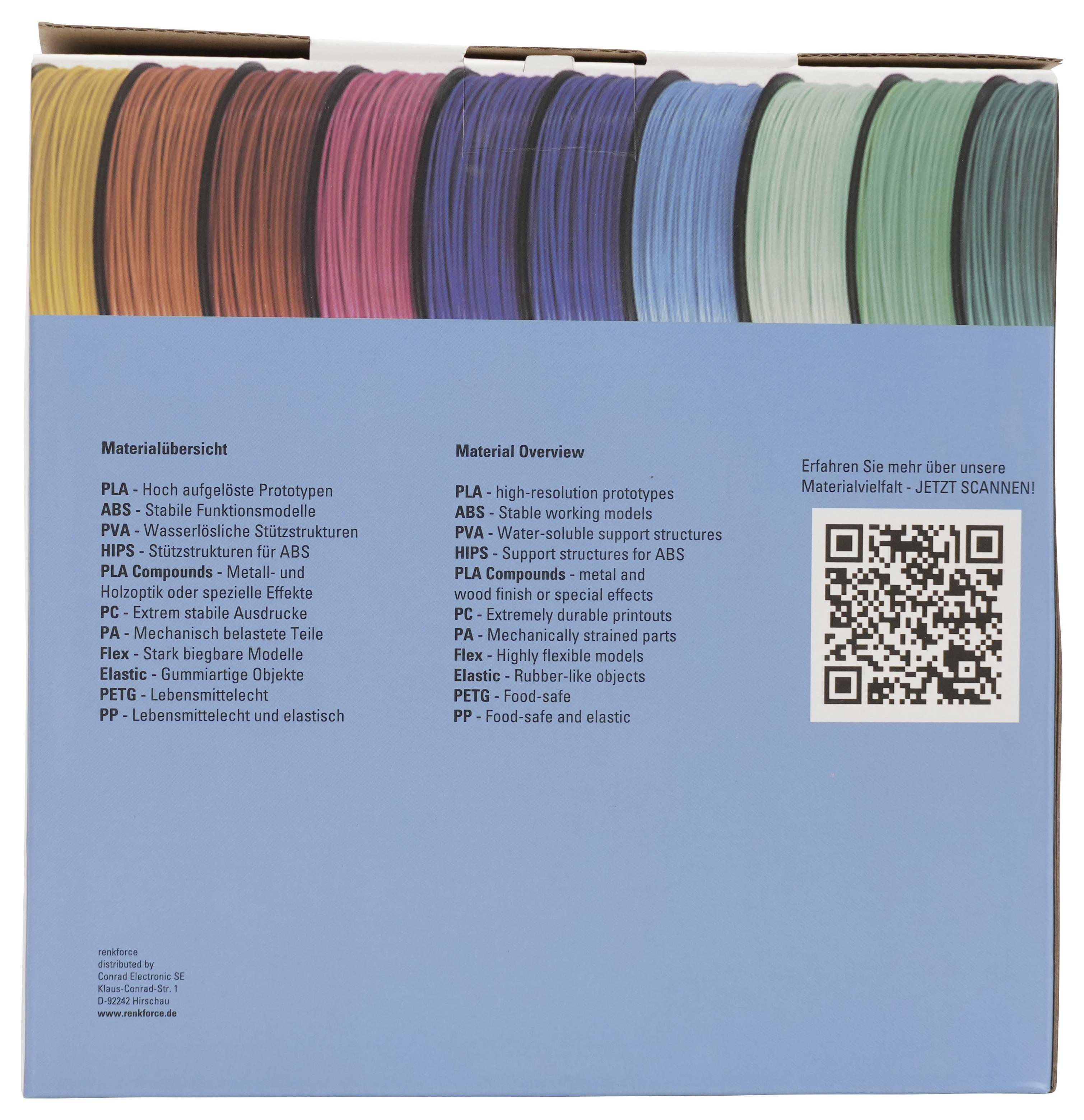 Übersicht der blauen Materialien mit Farbmustern oben, deutscher und englischer Liste mit 3D-Druckmaterialien und deren Anwendungen, sowie QR-Code für weitere Informationen.