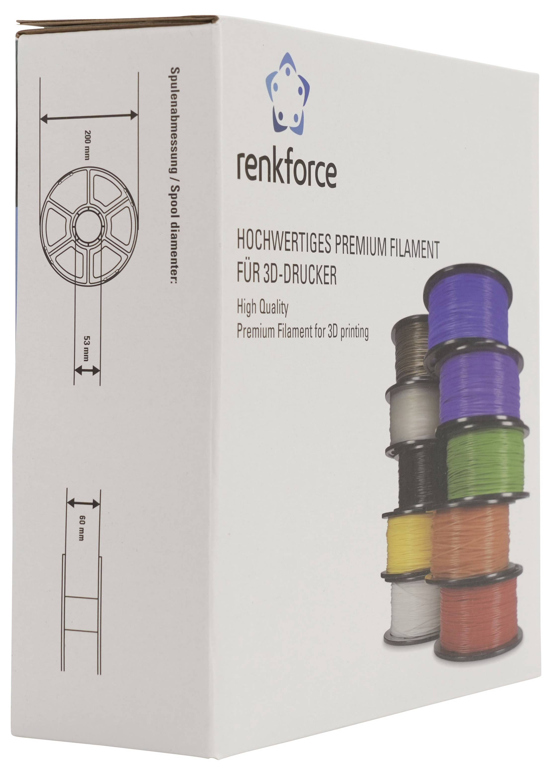 Karton mit Renkforce-Premium-Filament für 3D-Drucker, mit der Aufschrift „HOCHWERTIGES PREMIUM FILAMENT FÜR 3D-DRUCKER", gestapelten farbigen Spulenbildern und Spulendimensionen auf der Seite.