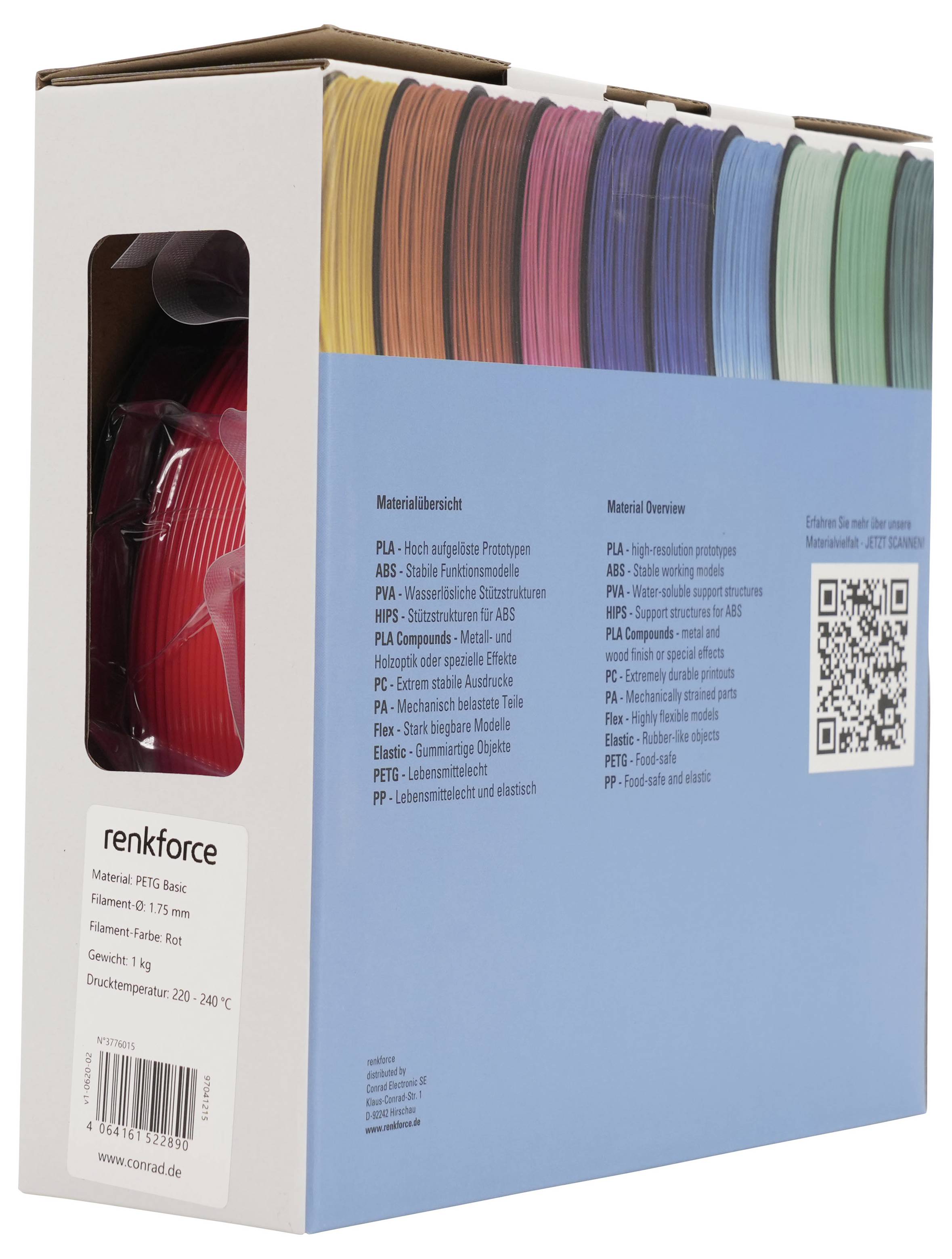 Schachtel mit Renkforce PETG 3D-Druckfilament in verschiedenen Farben, gezeigt mit QR-Code und Produktdetails auf der Verpackung.
