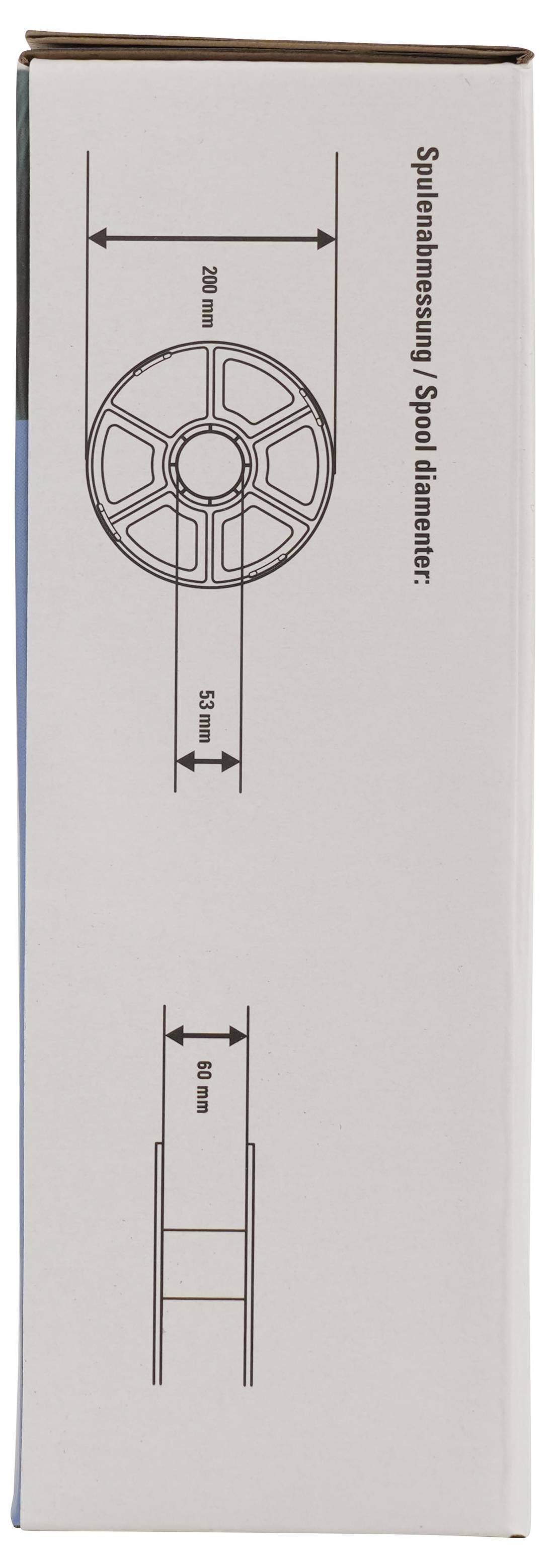 Seitenansicht einer Box mit Spulenabmessungen und Platzierungsdiagrammen, gekennzeichnet mit „Spulenabmessung / Spulendurchmesser" mit Abmessungen von 250 mm und 53 mm.