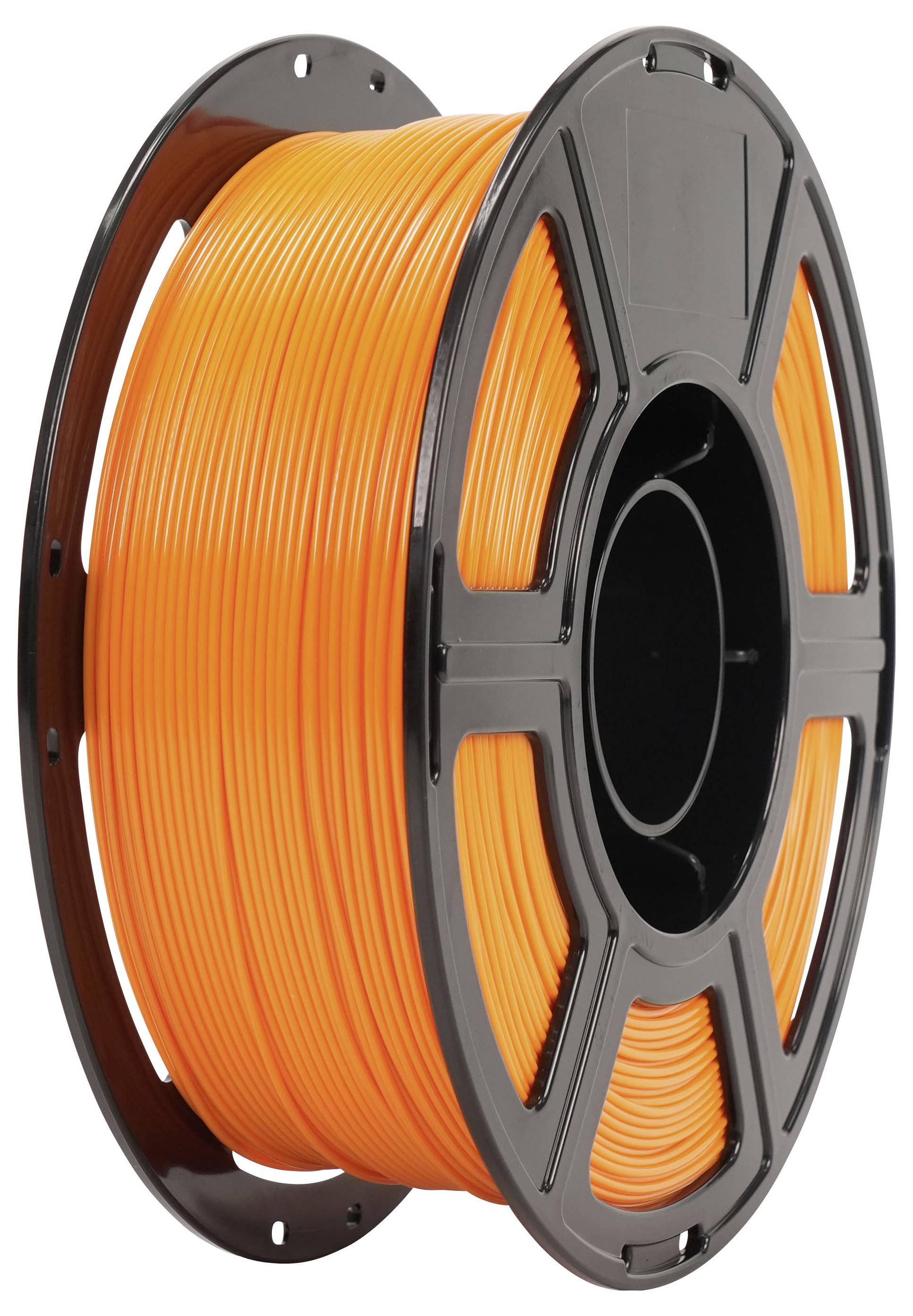 Spule mit leuchtend orange Filament, das auf eine schwarze Rolle gewickelt ist, typischerweise für den 3D-Druck verwendet.
