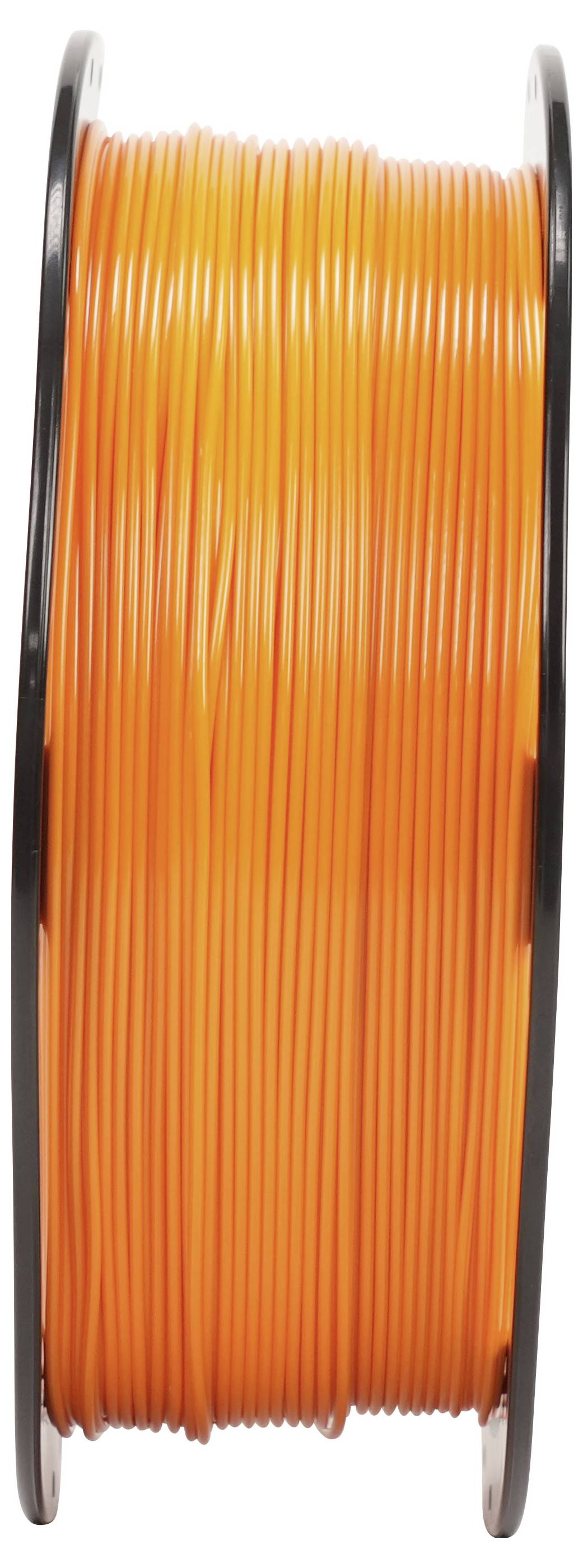Orangene Spule mit Filament oder Draht, aufgewickelt auf eine schwarzseitige Spule vor weißem Hintergrund.