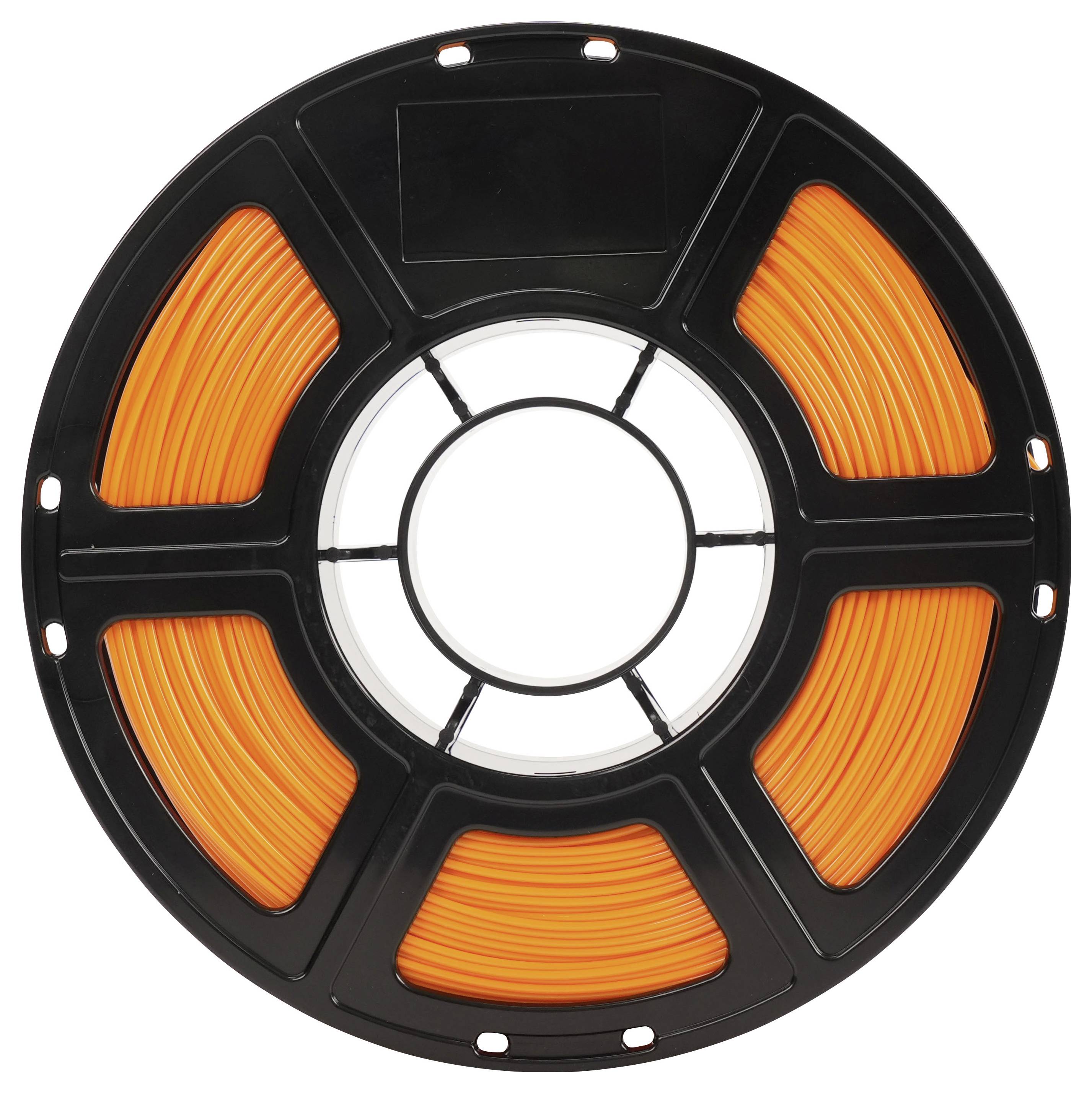 Spule mit orangem 3D-Druckfilament, das auf einer schwarzen Spule aufgewickelt ist, von vorne auf weißem Hintergrund dargestellt.