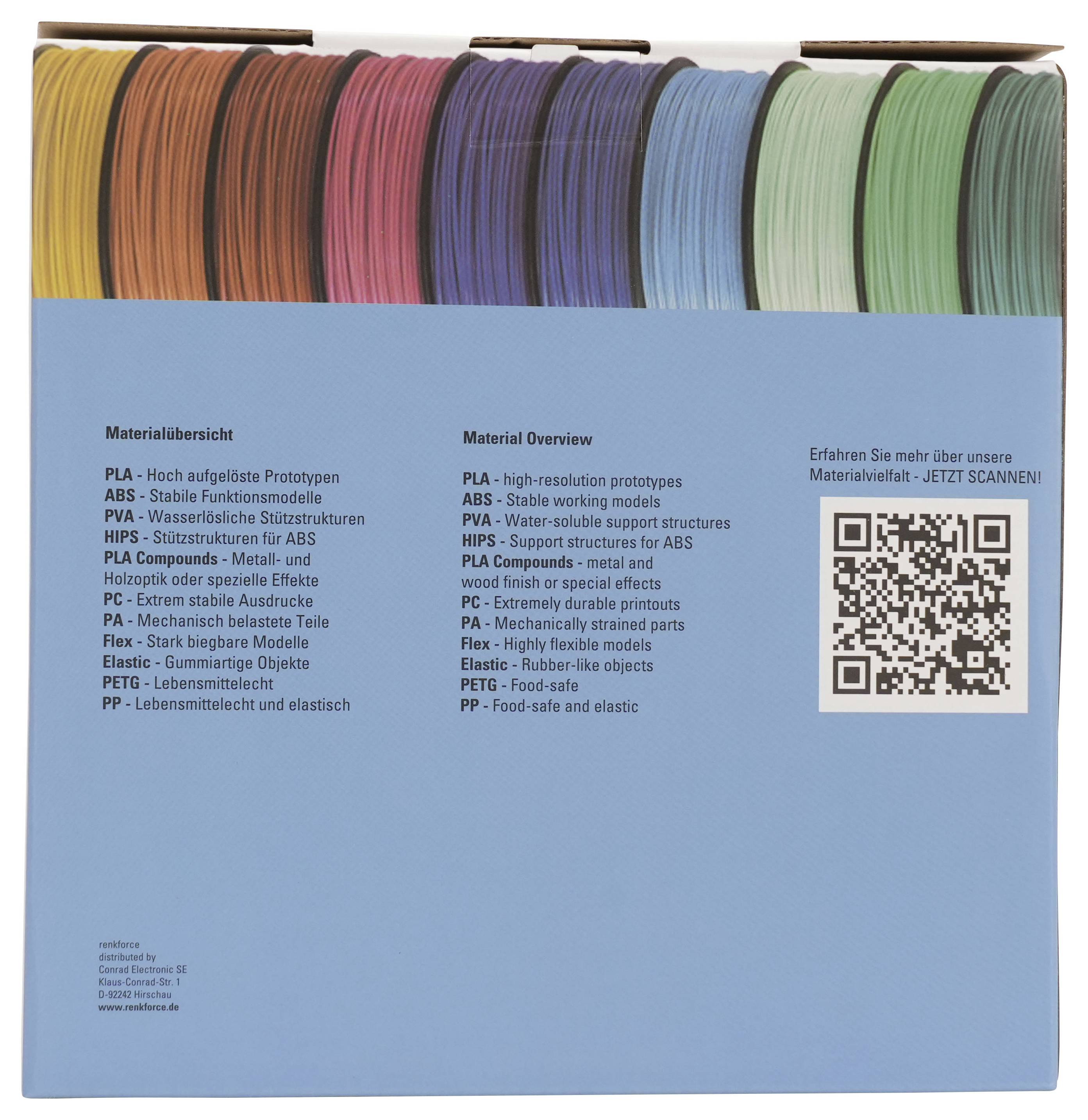 Übersichtskarte für blaues Material zum 3D-Drucken von Filamenten mit mehrsprachiger Liste von Materialtypen und QR-Code, der zum Materialdatenblatt verlinkt.