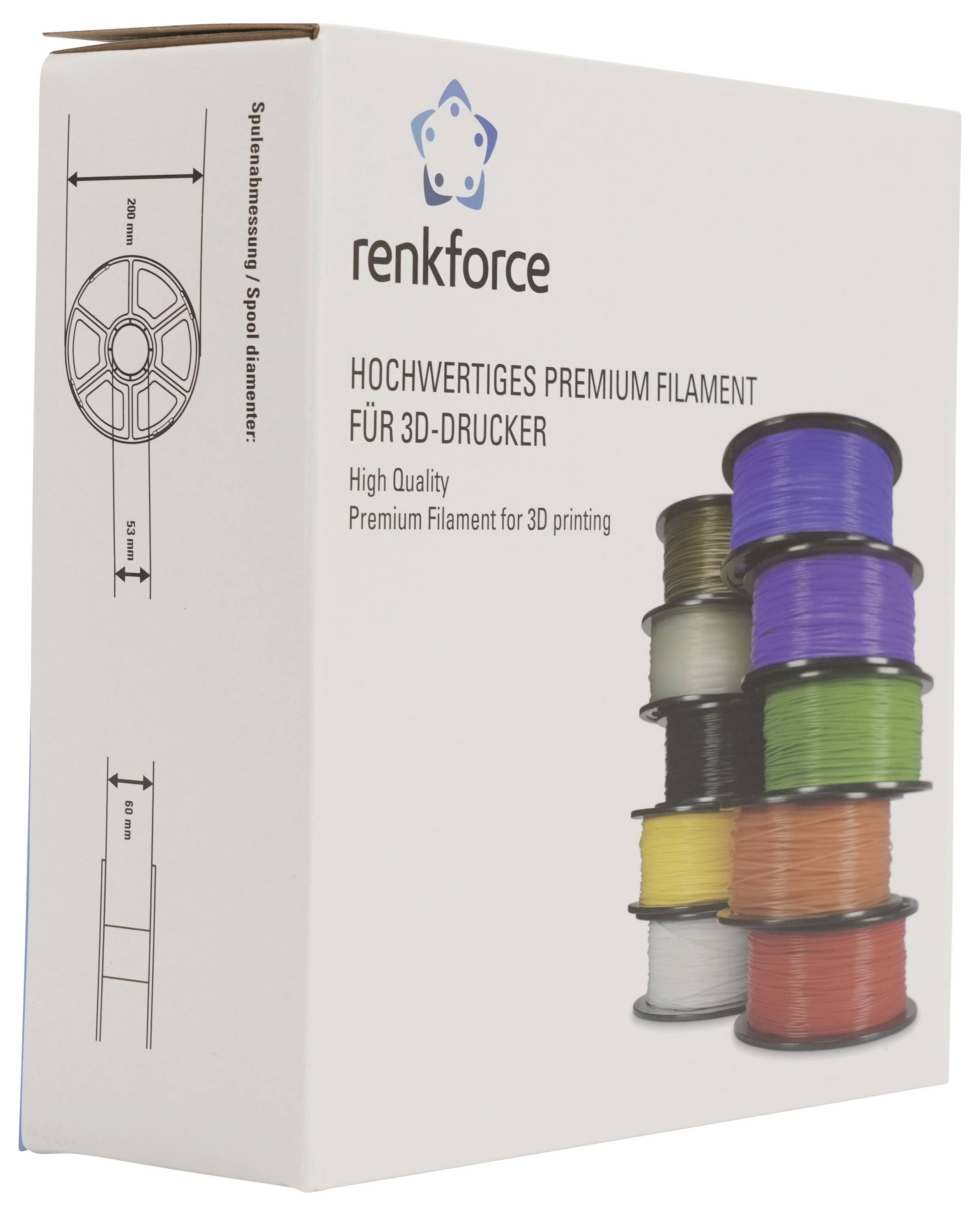 Verstärkungsbox aus hochwertigem 3D-Drucker-Filament-Spulen, beschriftet mit „Hochwertiges Premium Filament für 3D-Drucker" und „Hochwertiges Premium Filament zum 3D-Drucken".