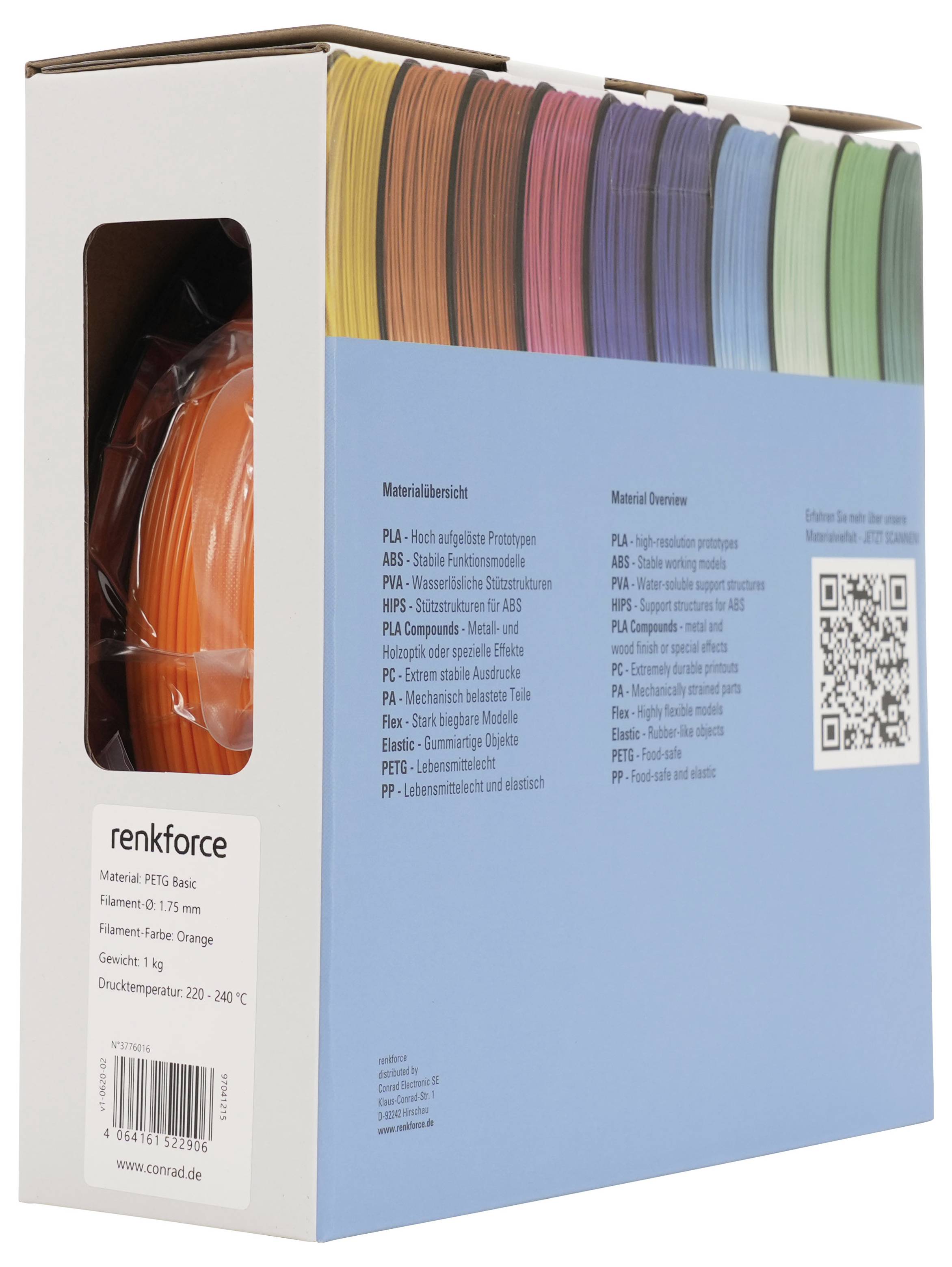 Karton mit 3D-Drucker-Filamentrollen mit einem klaren Fenster, das oranges Filament zeigt, und Etiketten mit Materiallisten, Farben und einem QR-Code.