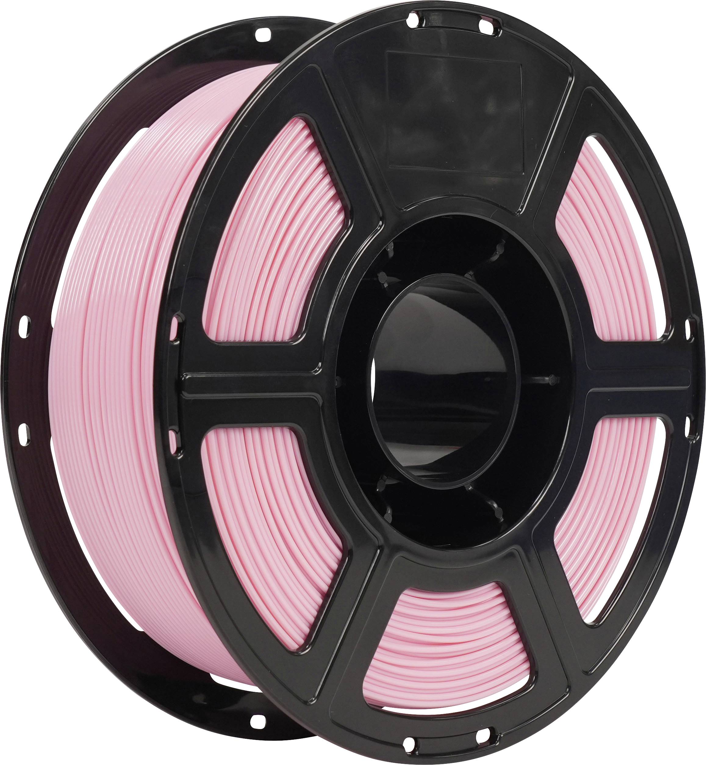 Eine Spule rosa 3D-Drucker-Filament auf einer schwarzen Spule, isoliert auf weißem Hintergrund dargestellt.