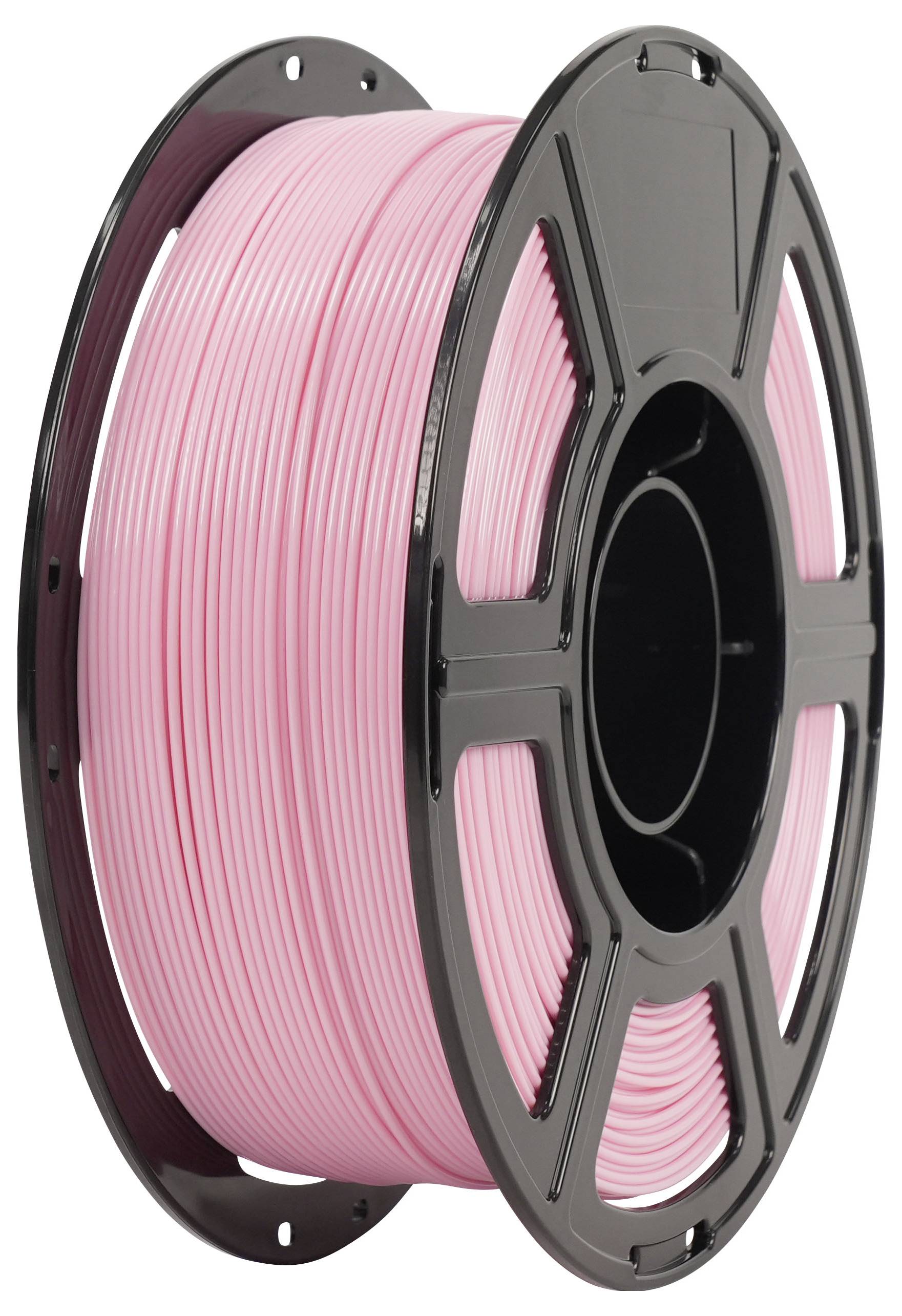 Eine Spule rosa 3D-Druckerfaden auf einer schwarzen Spule, isoliert auf weißem Hintergrund dargestellt.
