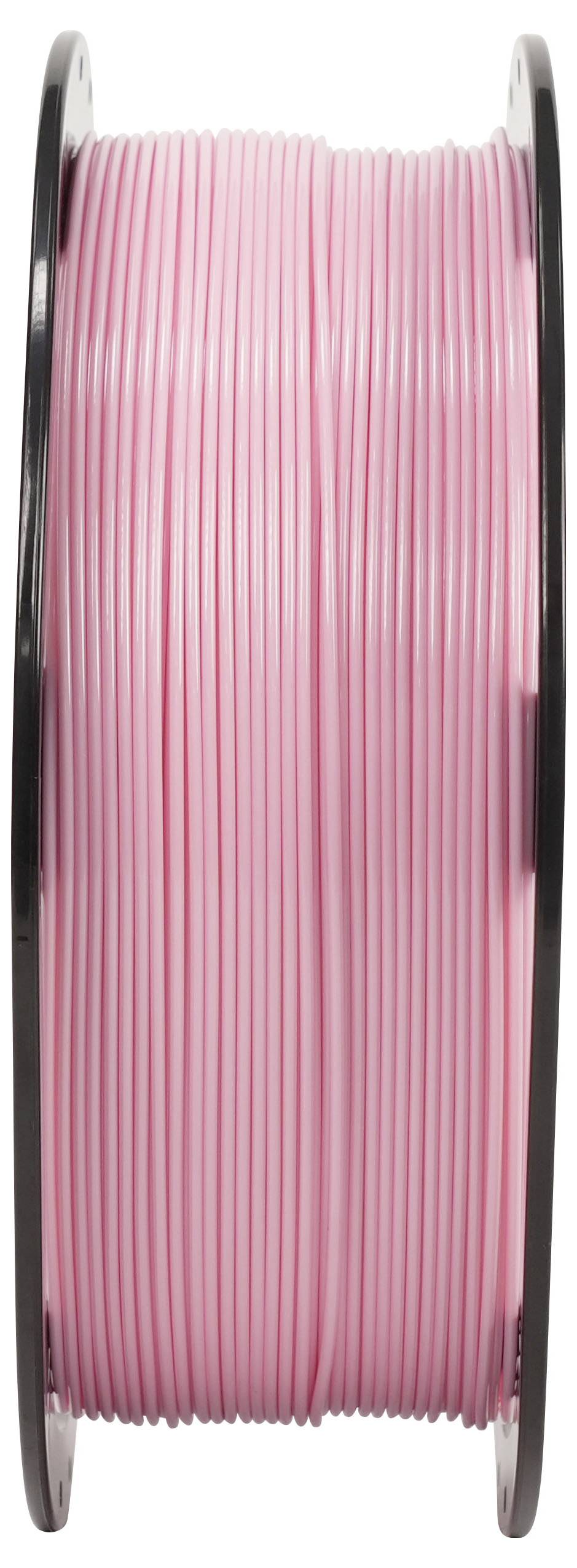Spule mit rosa Filament, aufgewickelt auf einer schwarzen Kunststoffspule, vertikal vor weißem Hintergrund dargestellt.