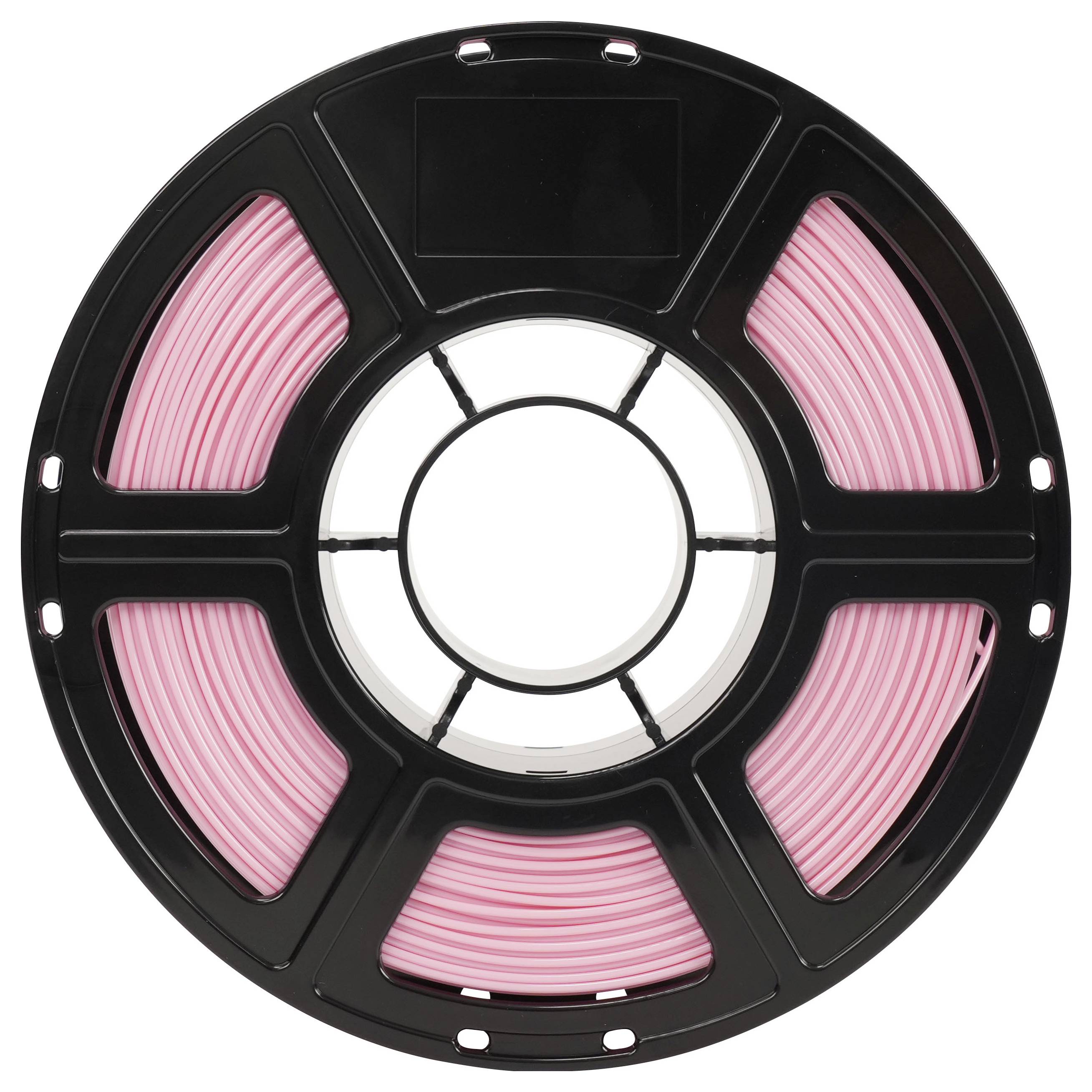 Spule rosa 3D-Druckerfaden auf einer schwarzen Spule, von vorne betrachtet vor weißem Hintergrund.