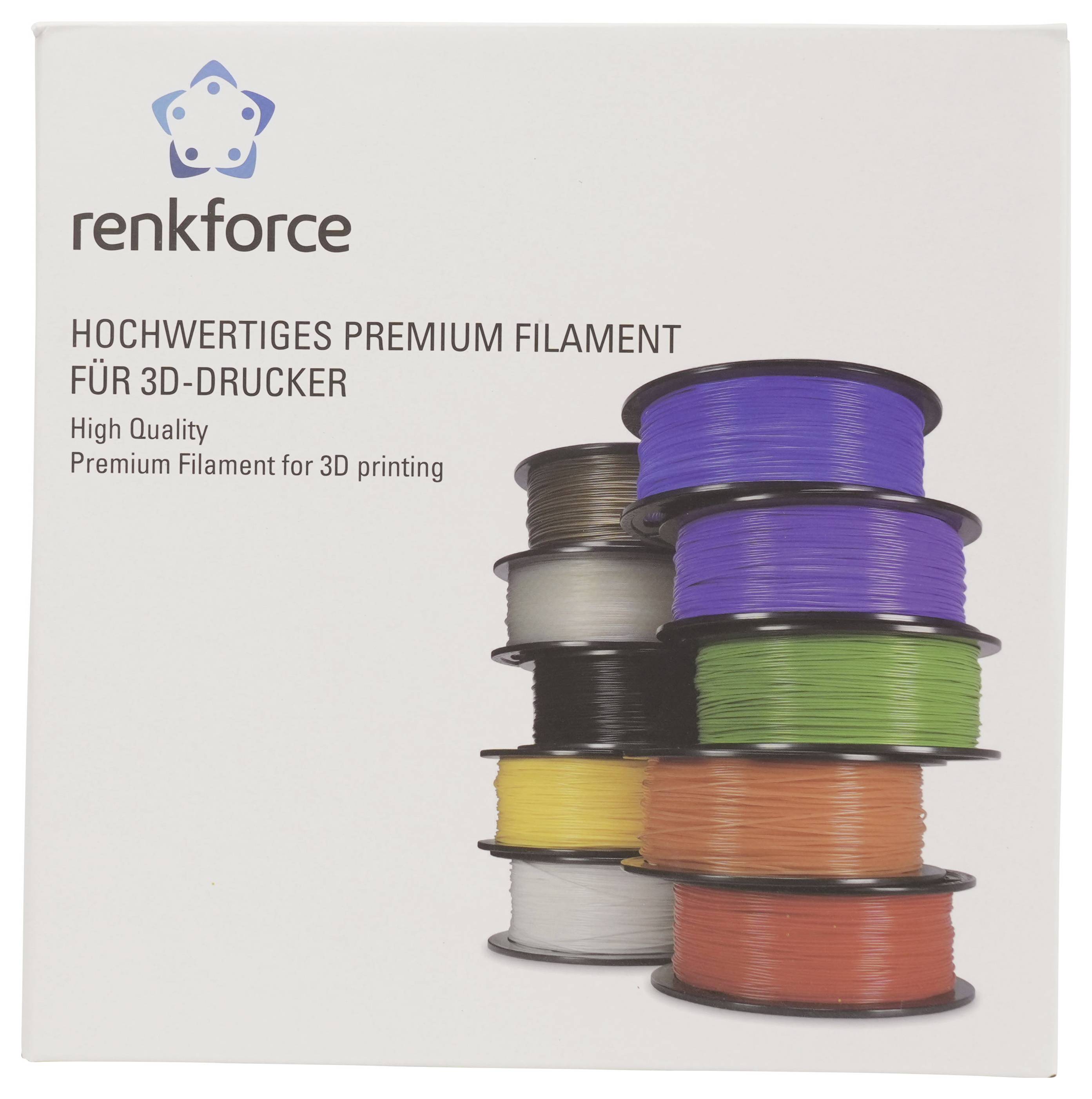 Produktbox für 'renkforce' 3D-Drucker-Filament, mit der Bezeichnung 'Hochwertiges Premium-Filament zum 3D-Drucken', zeigt gestapelte Spulen in mehreren Farben.
