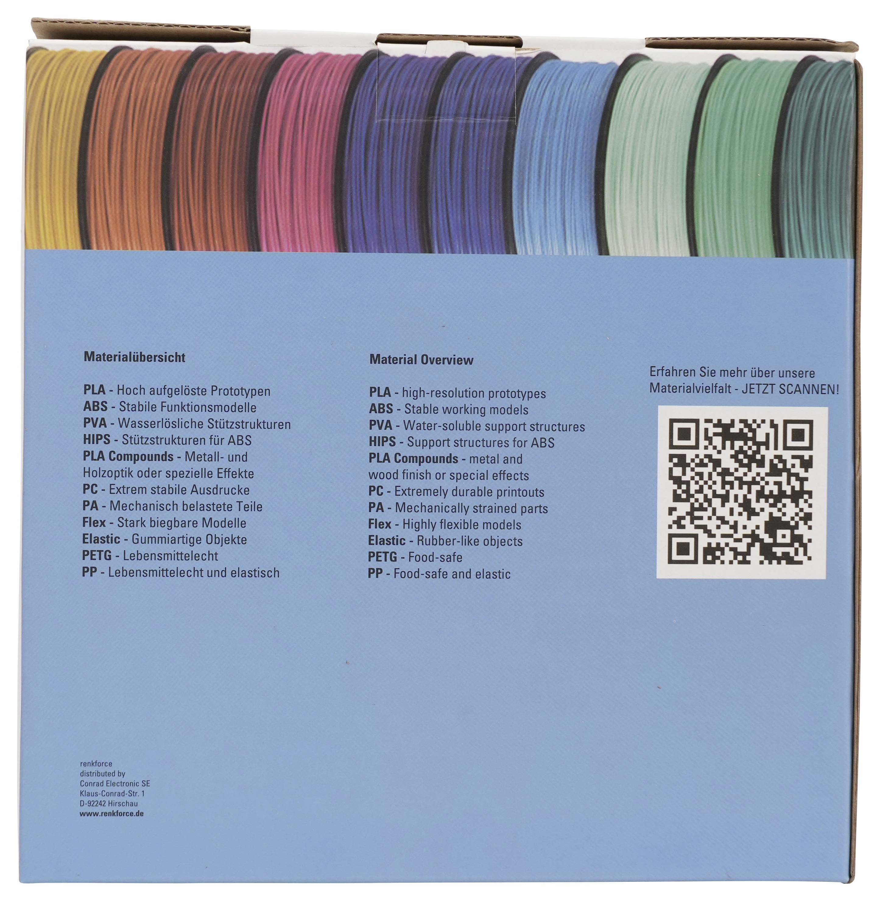 Übersichtsposter aus blauem Material, das bunte 3D-Drucker-Filamentmuster oben zeigt, eine Liste von Materialtypen in Deutsch und Englisch, und einen QR-Code zum Erfahren von mehr Informationen.