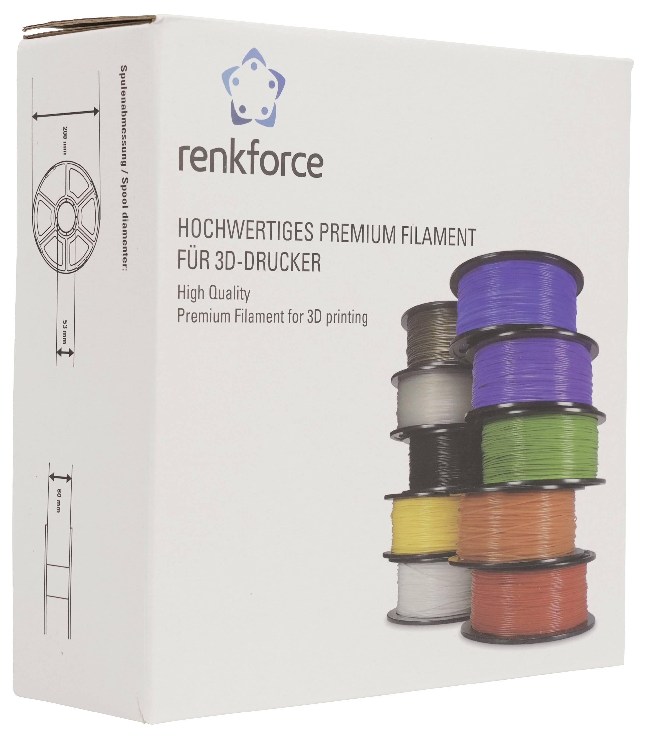 Renkforce Premium 3D-Drucker-Filament-Box mit gestapelten Spulen-Illustration und Text „Hochwertiges Premium-Filament zum 3D-Drucken"
