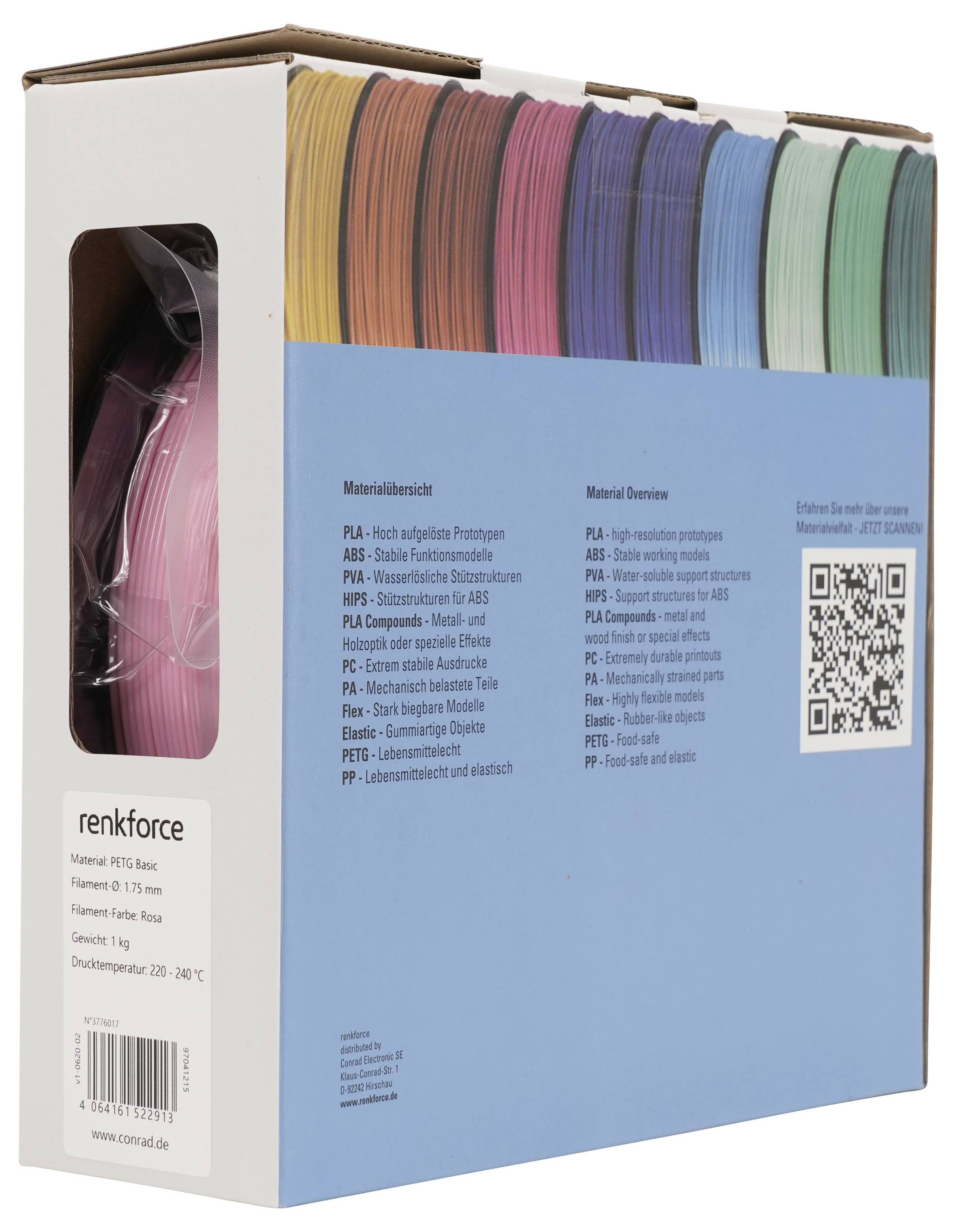 Schachtel mit farbenfrohen 3D-Drucker-Filamentspulen mit Produktetikett und QR-Code, von vorne und von der Seite betrachtet.