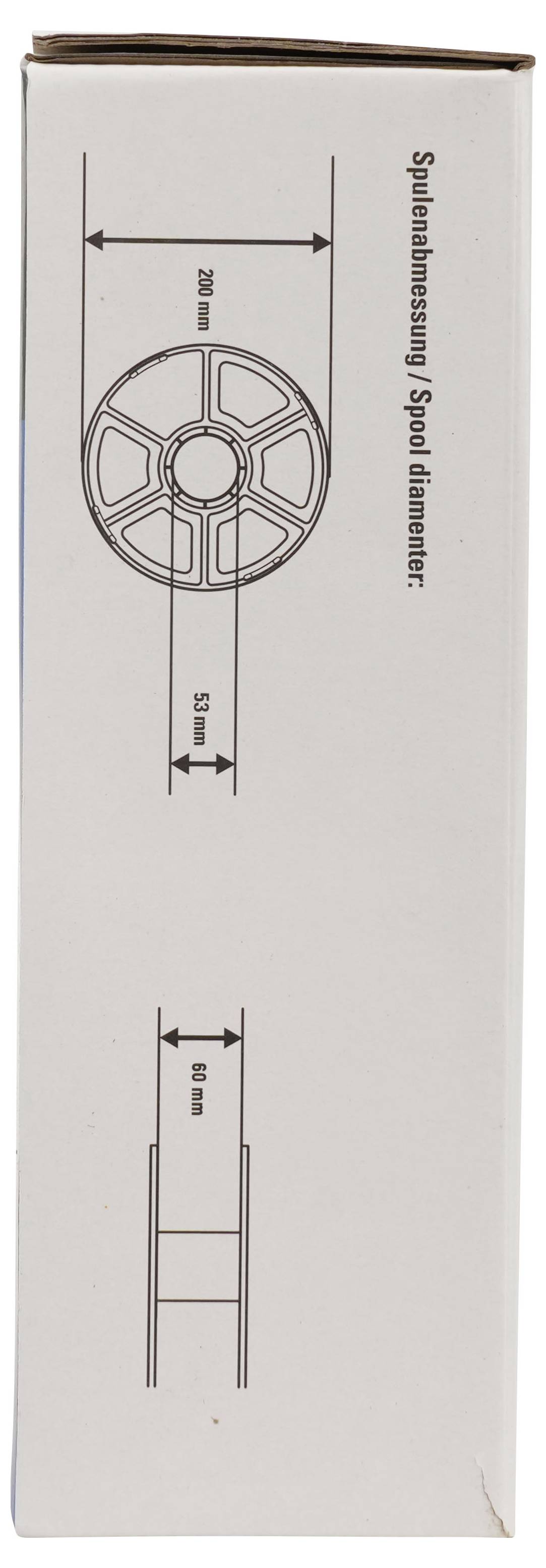 Diagramm auf einer Schachtel mit Spulendimensionen: 200 mm Durchmesser, 50 mm Breite und 70 mm Kernöffnung.
